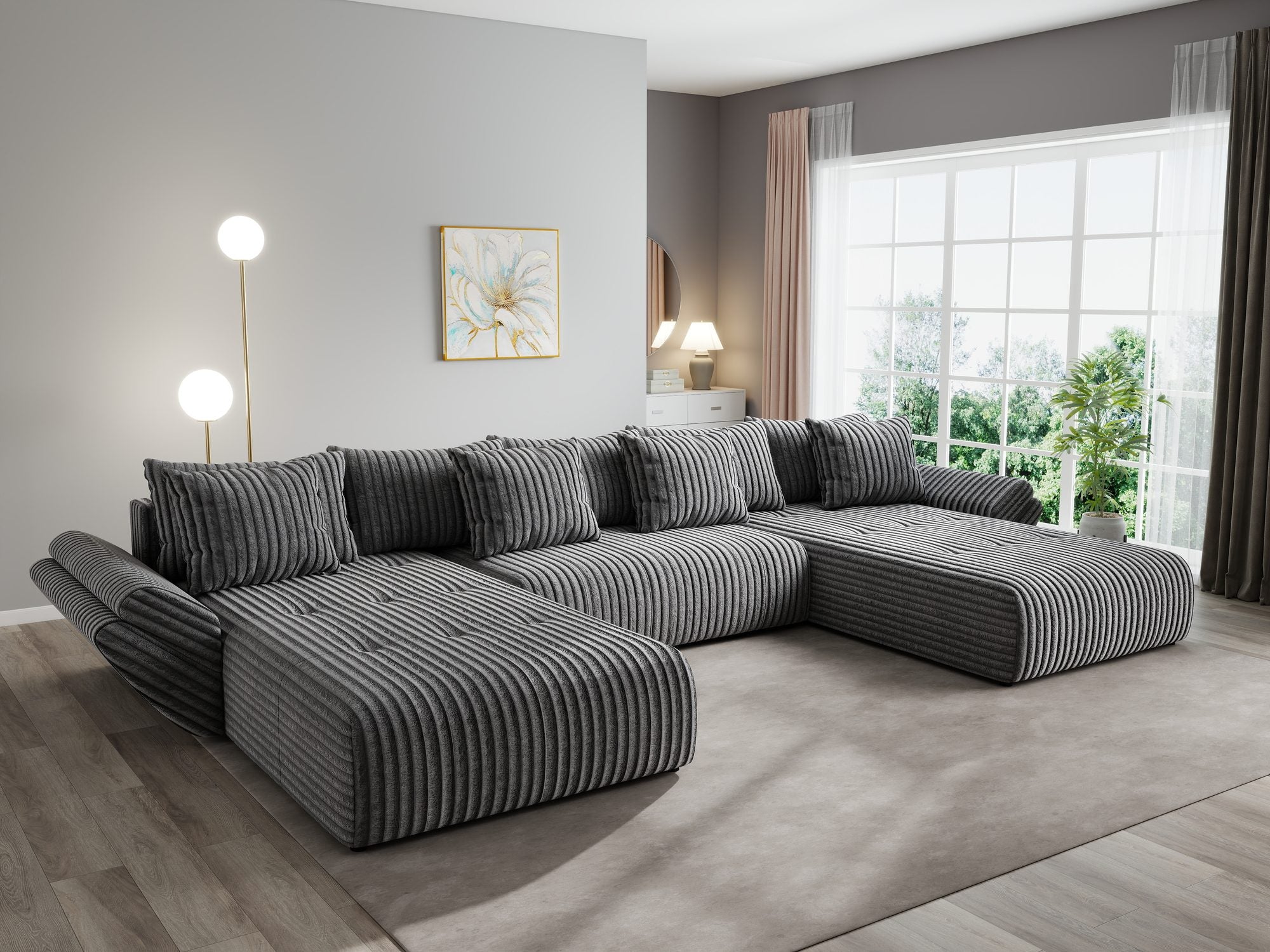 Colțar extensibil dumonde cu ladă de depozitare si sezut confortabil din spuma high-density, Berlin U Tilia Gri 90 380x180 cm