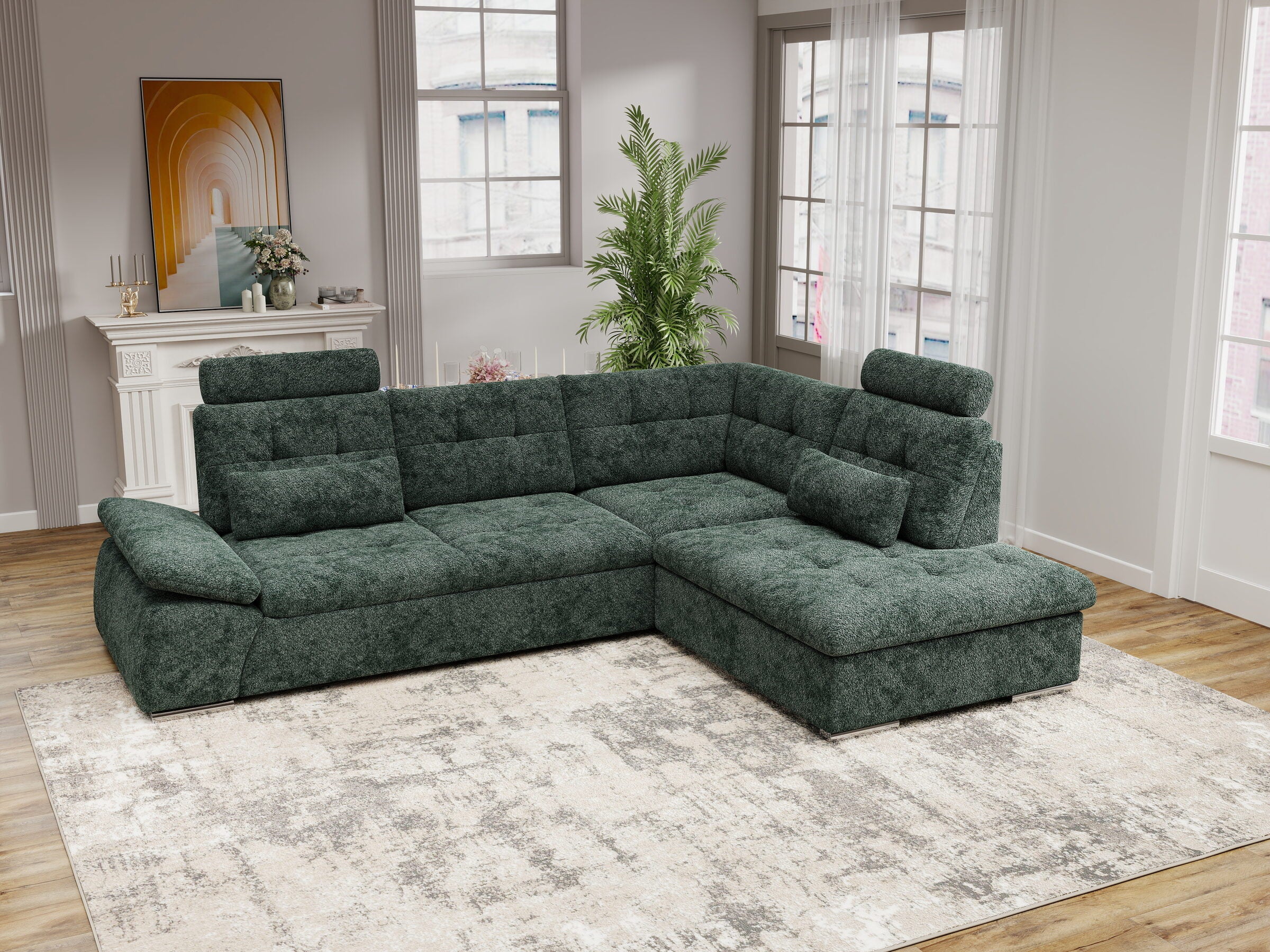 Colțar extensibil dumonde cu ladă de depozitare și șezut confortabil din spumă HR, Merkur XL Euphoria Verde 256x217 cm II