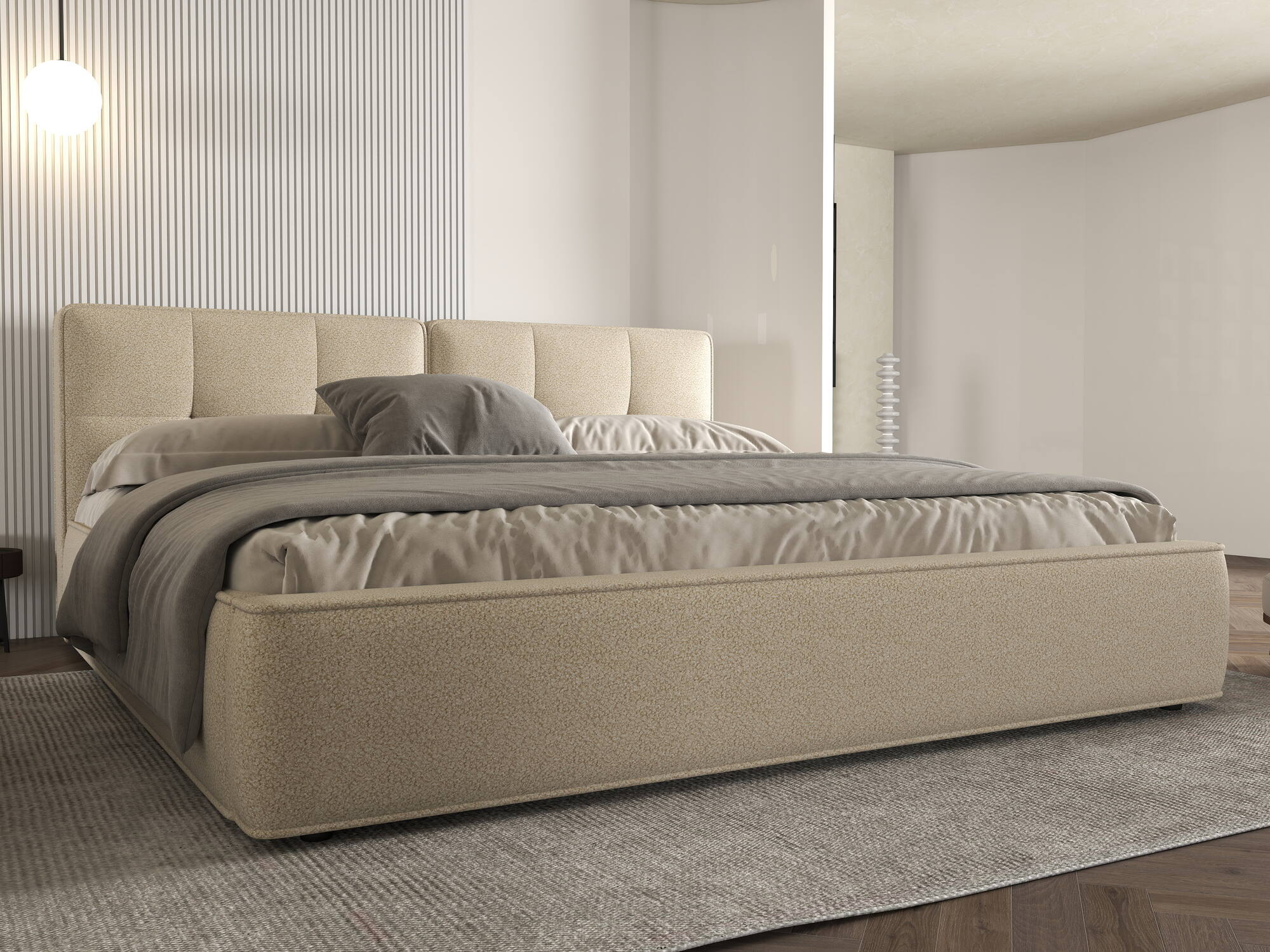 Pat dormitor dumonde, tapitat bej, Vegas 180x200 cm, somiera rabatabila inclusa, spatiu depozitare