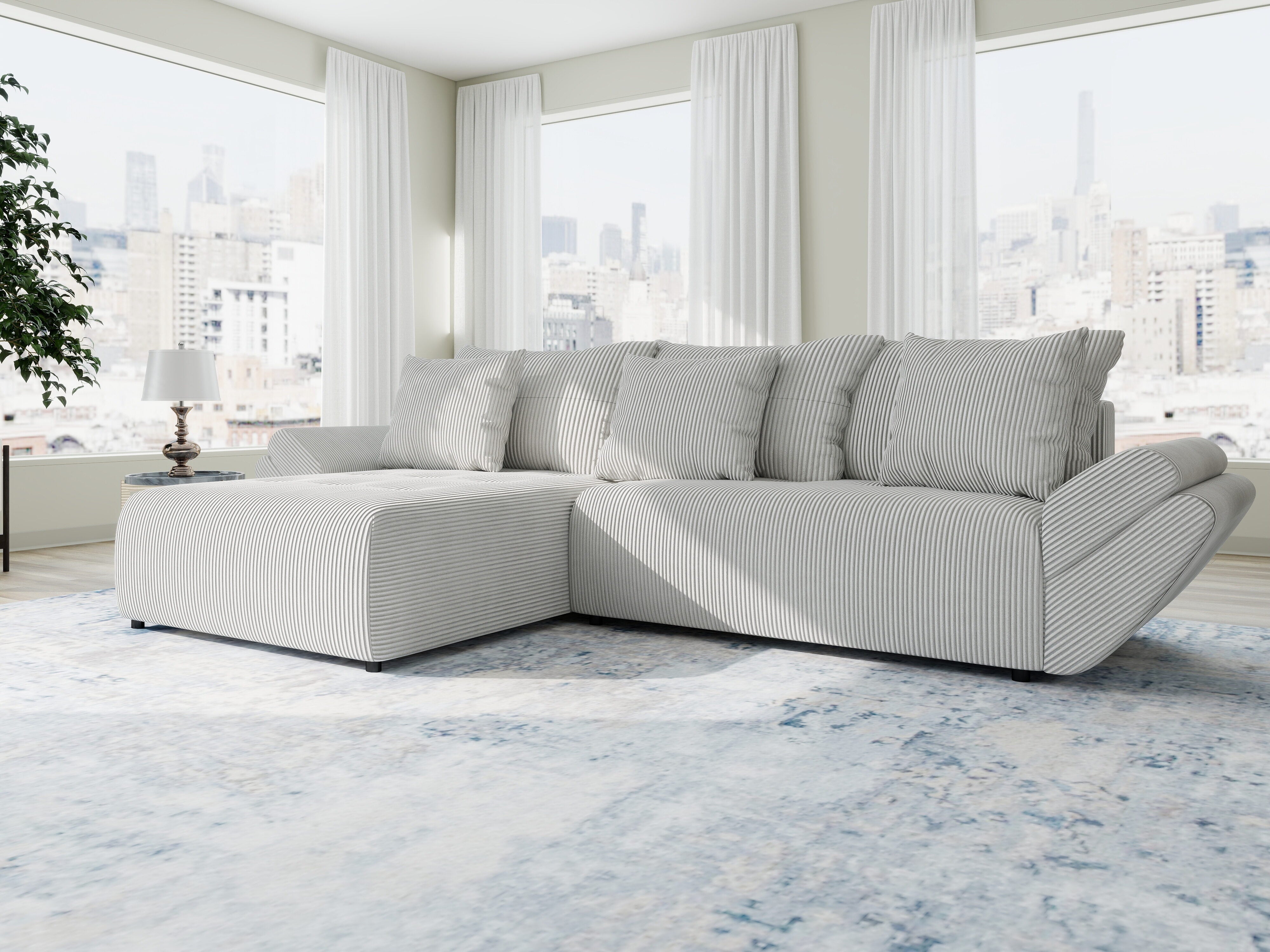 Colțar extensibil dumonde cu ladă de depozitare si sezut confortabil din spuma HR, Berlin Zoom Gri 280x185 cm