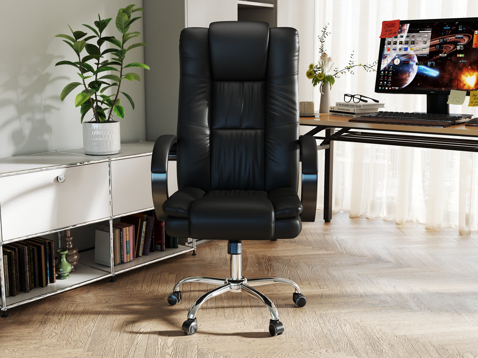 Scaun Dumonde IRONCLAD, cotiere 3D, mecanism multifuncțional, ecopiele, suport picioare, negru