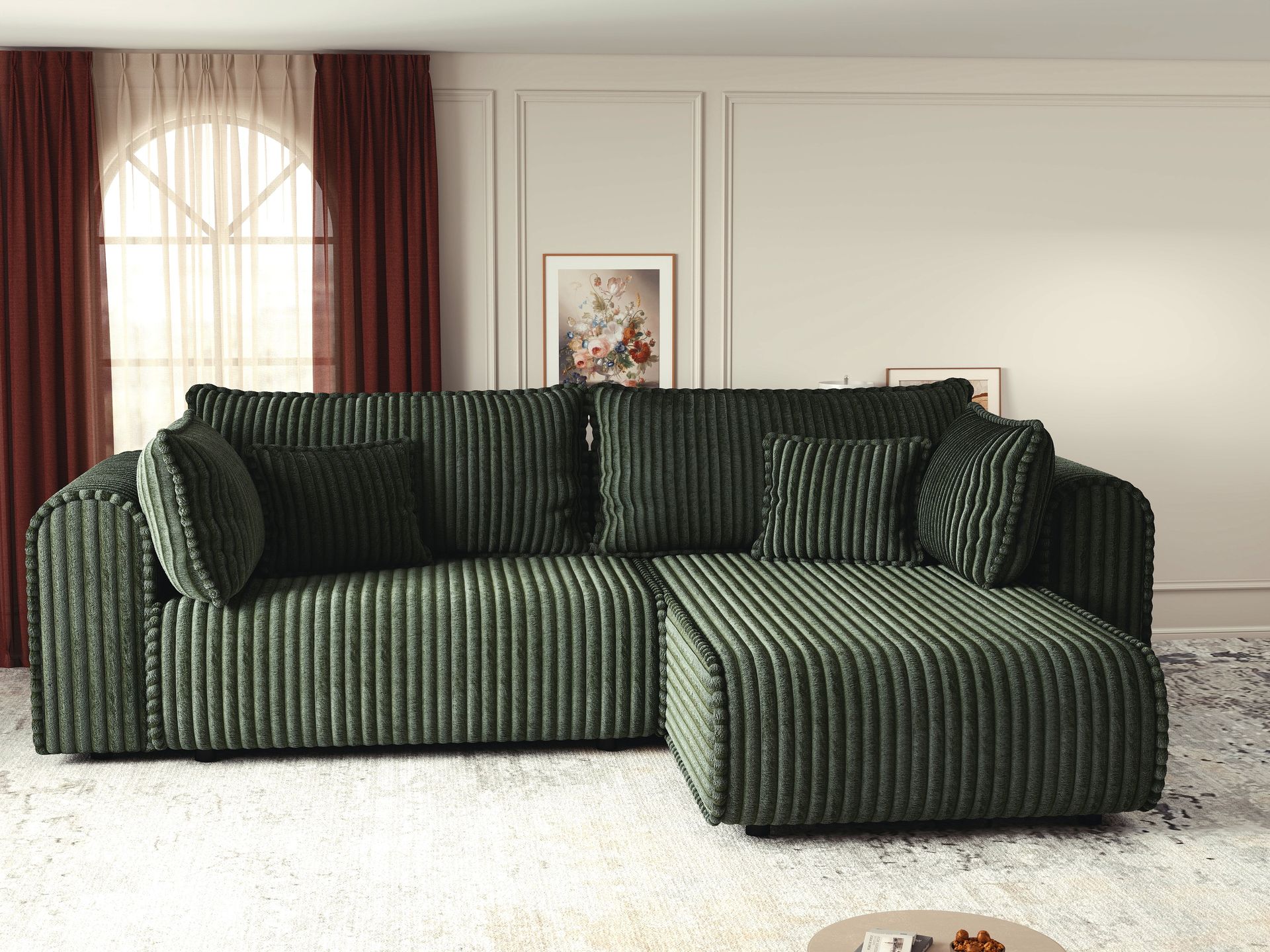 Colțar extensibil dumonde cu ladă de depozitare si sezut confortabil din spuma high-density, Monaco L Tilia Verde II 270x100 cm
