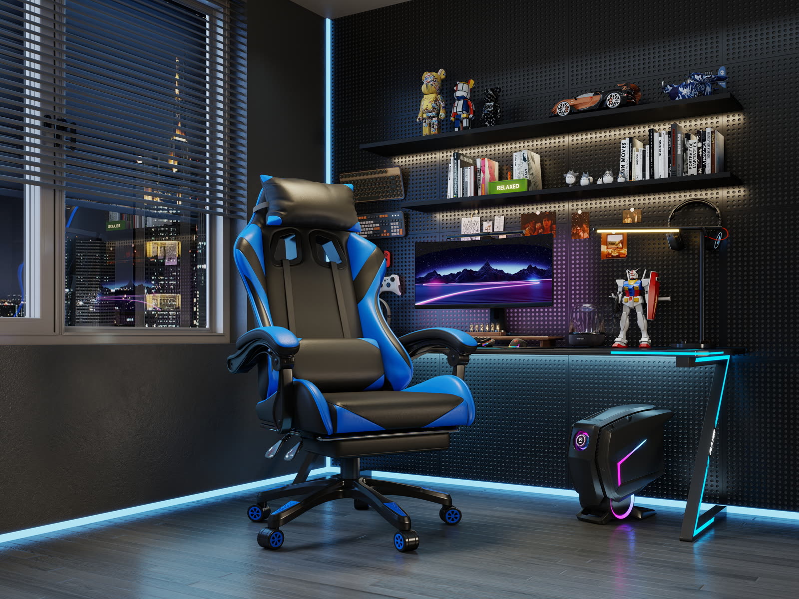 Scaun gaming Dumonde PREDATOR, mecanism multifuncțional, ecopiele, suport picioare, albastru/negru