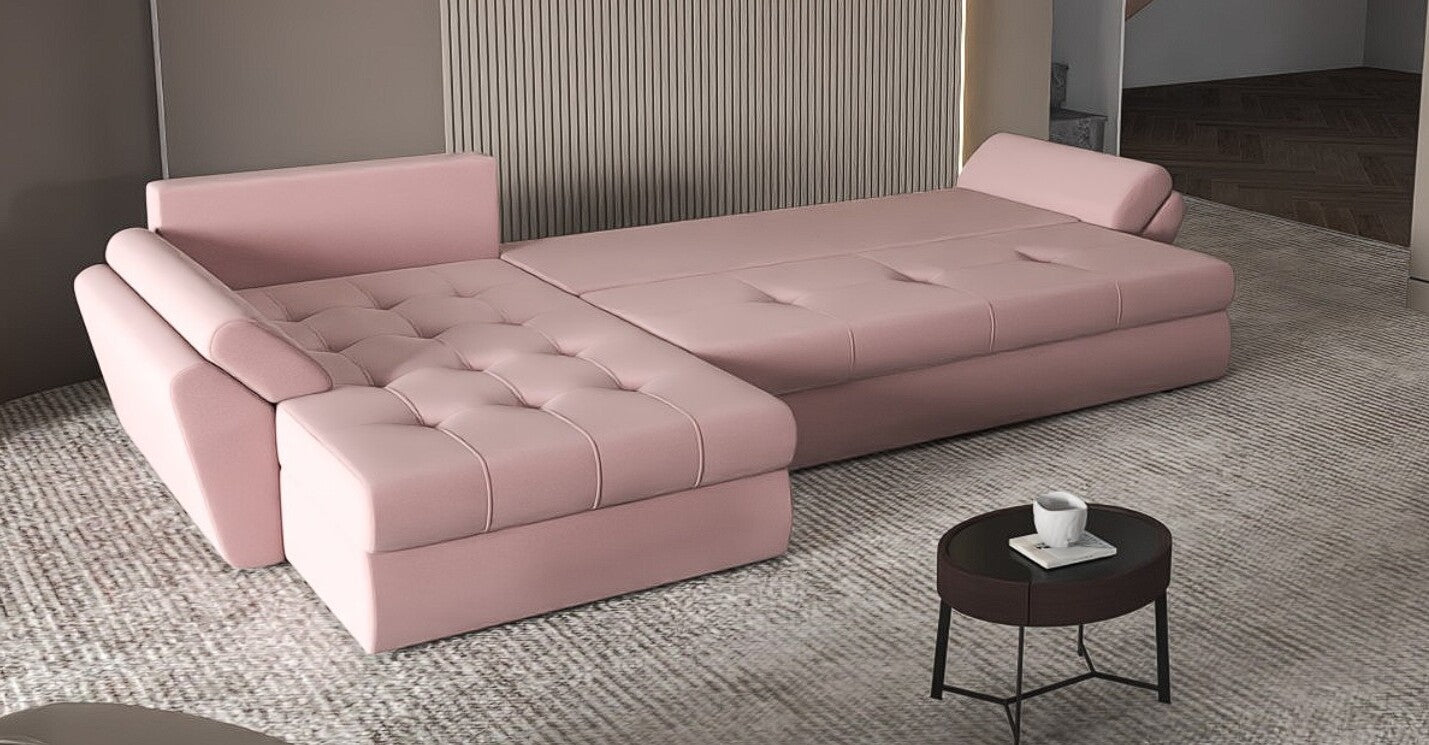 Colțar extensibil dumonde cu ladă de depozitare si sezut confortabil din spuma HR, Loana XL Royal Roz II 335x185 cm Fabrica