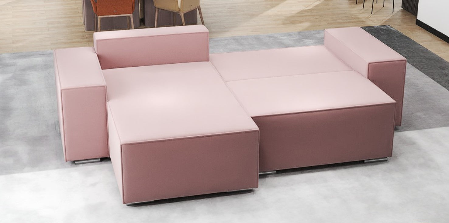 Colțar extensibil dumonde cu ladă de depozitare si sezut confortabil din spuma HR, Dream Royal Roz 290x185 cm Fabrica