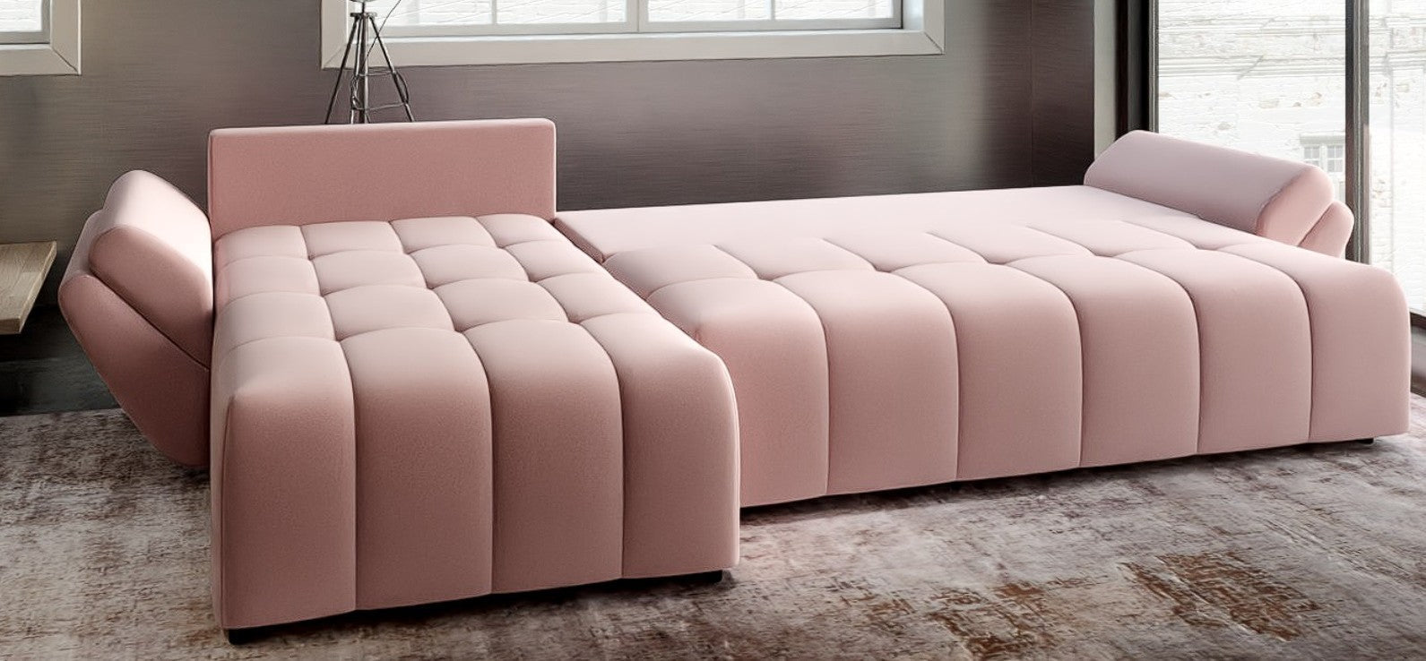 Colțar extensibil dumonde cu ladă de depozitare si sezut confortabil din spuma HR, Berlin XL Royal Roz 350x185 cm Fabrica