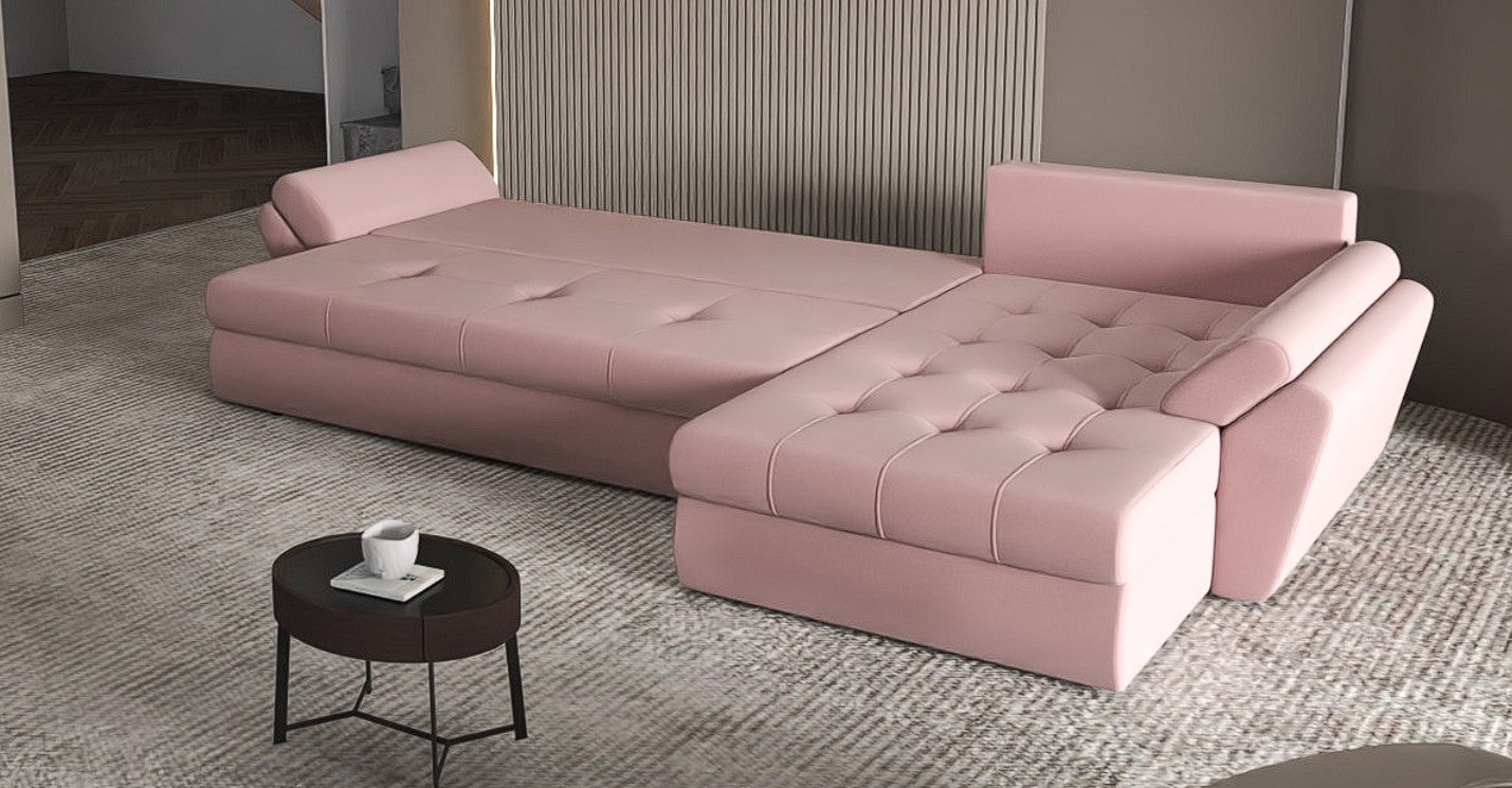 Colțar extensibil dumonde cu ladă de depozitare si sezut confortabil din spuma HR, Loana XL Royal Roz 335x185 cm Fabrica