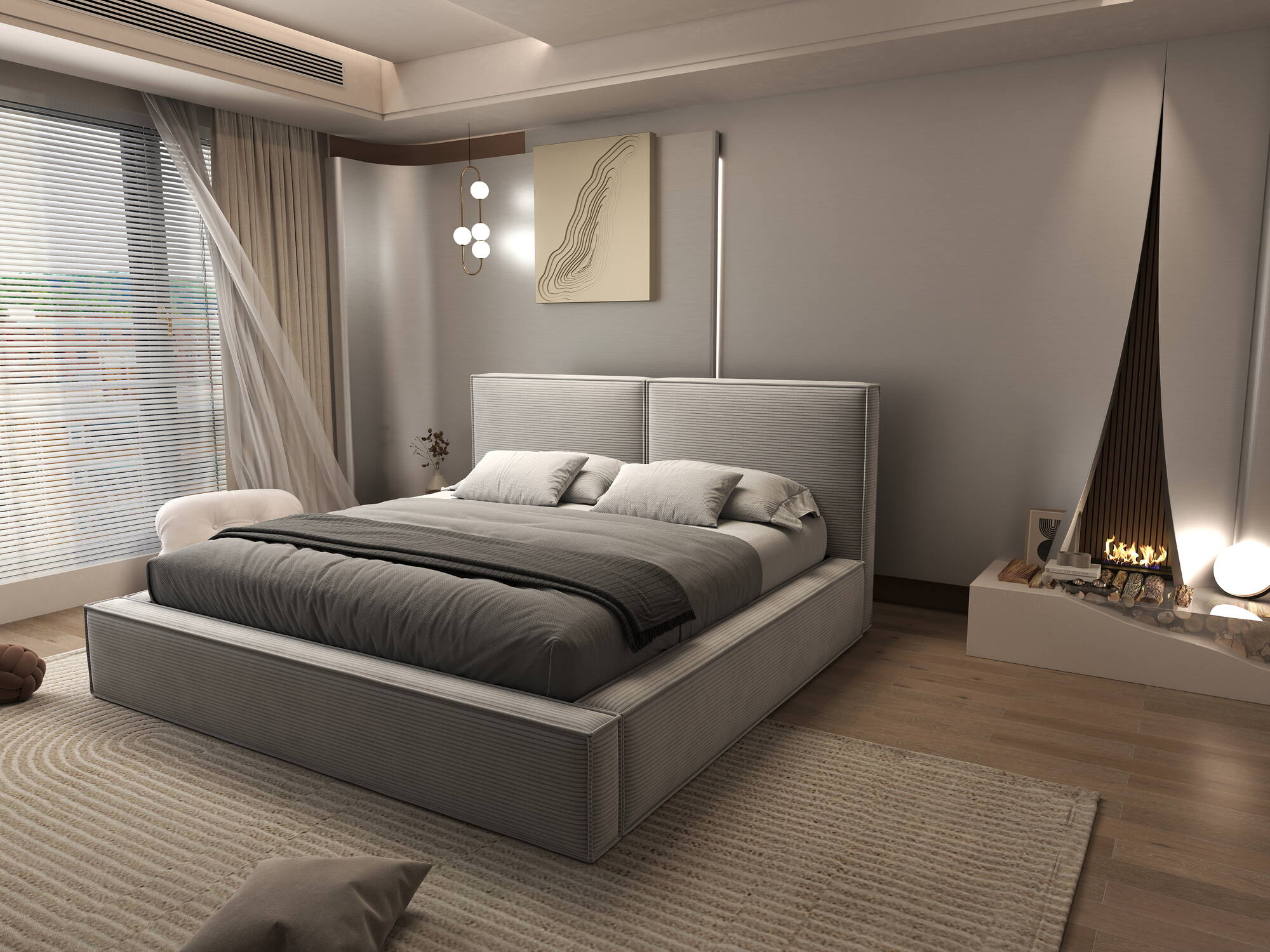 Pat dormitor dumonde, tapitat gri, Bogart 180x200 cm, somiera rabatabila inclusa, spatiu depozitare