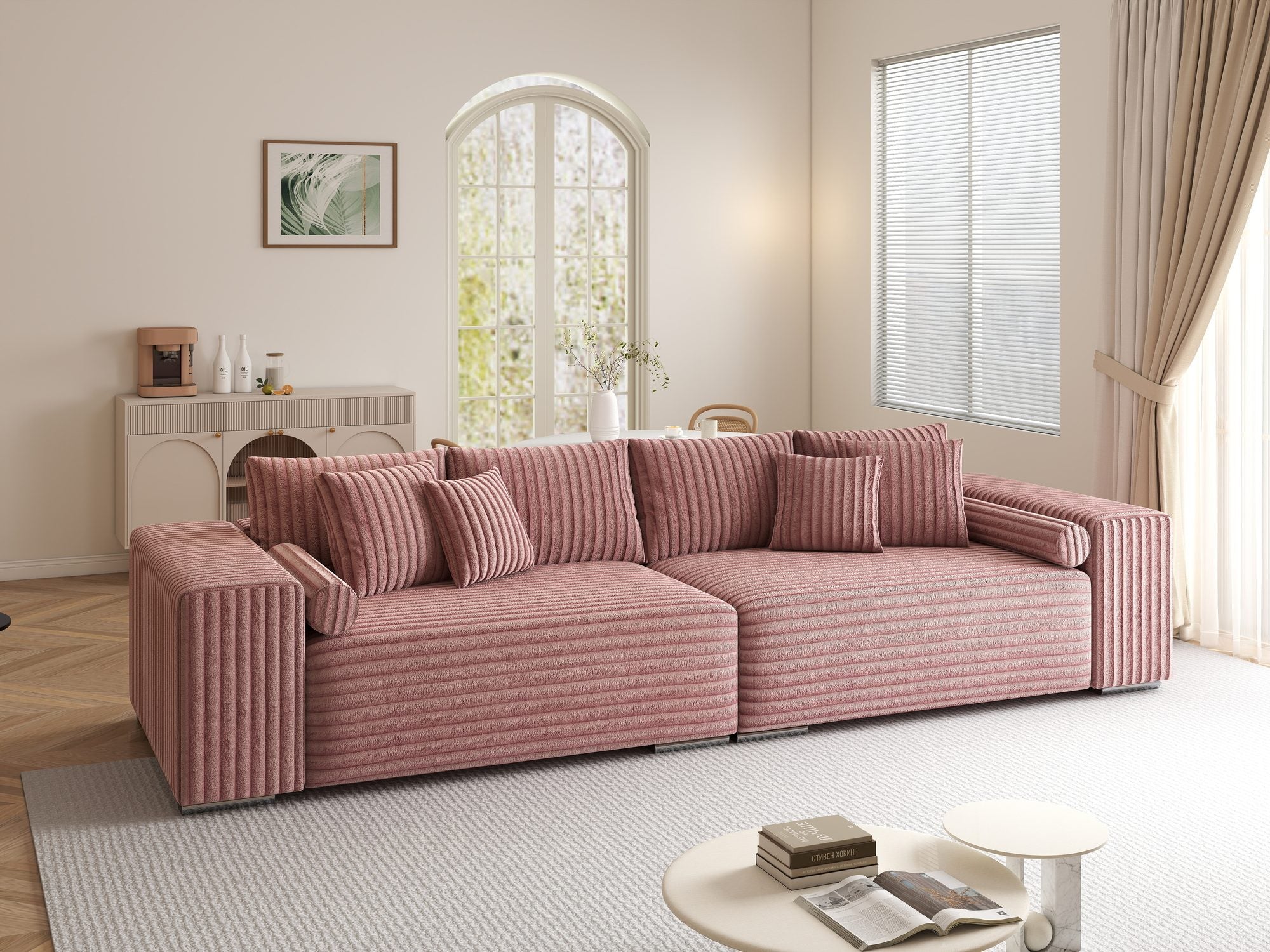 Canapea extensibilă dumonde cu ladă de depozitare si sezut confortabil din spuma high-density, Marbela XXL Tilia Roz Pudrat 62 290x100 cm
