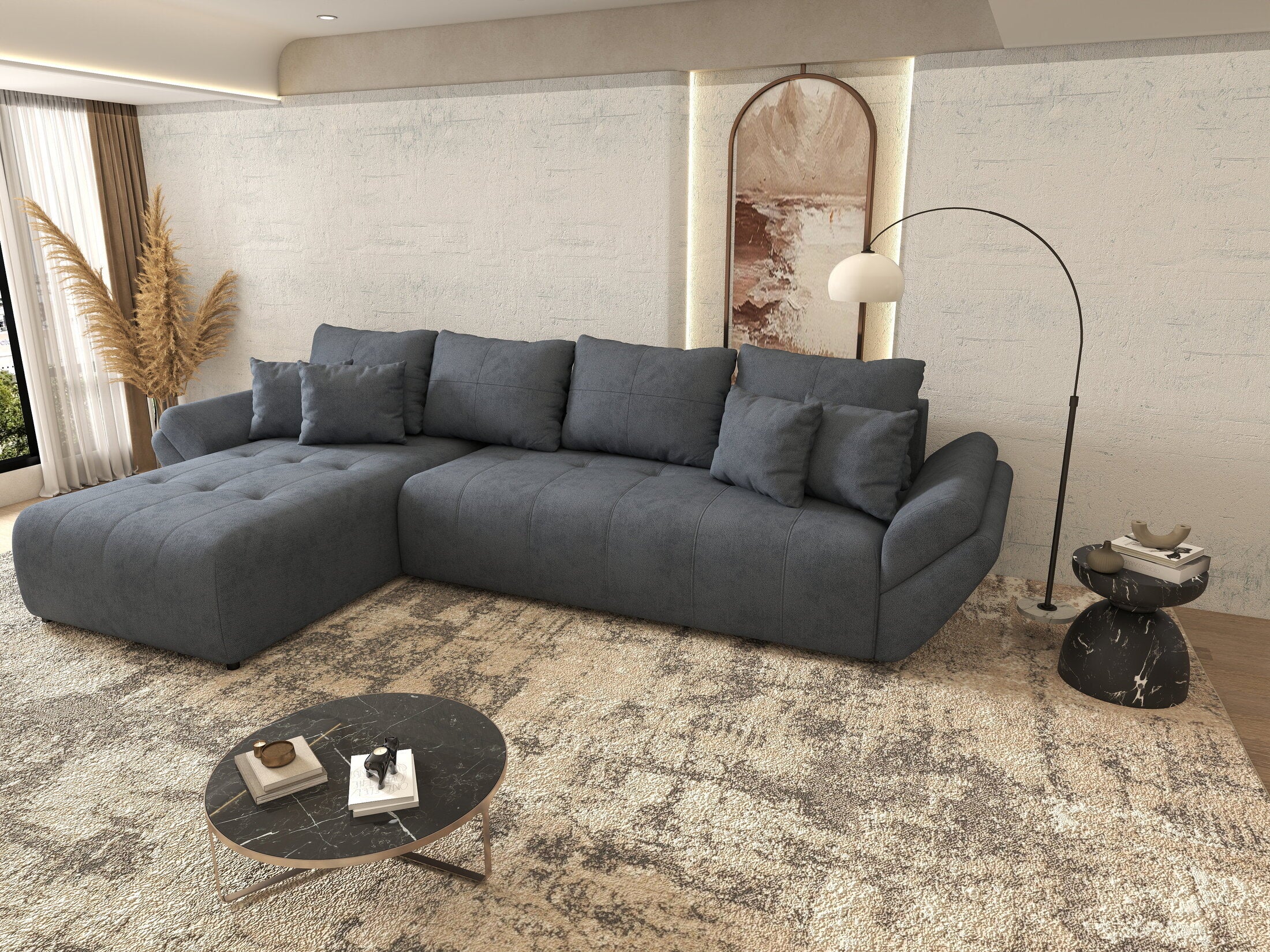 Colțar extensibil dumonde cu ladă de depozitare si sezut confortabil din spuma HR, Berlin XL Enjoy Antracit 350x185 cm