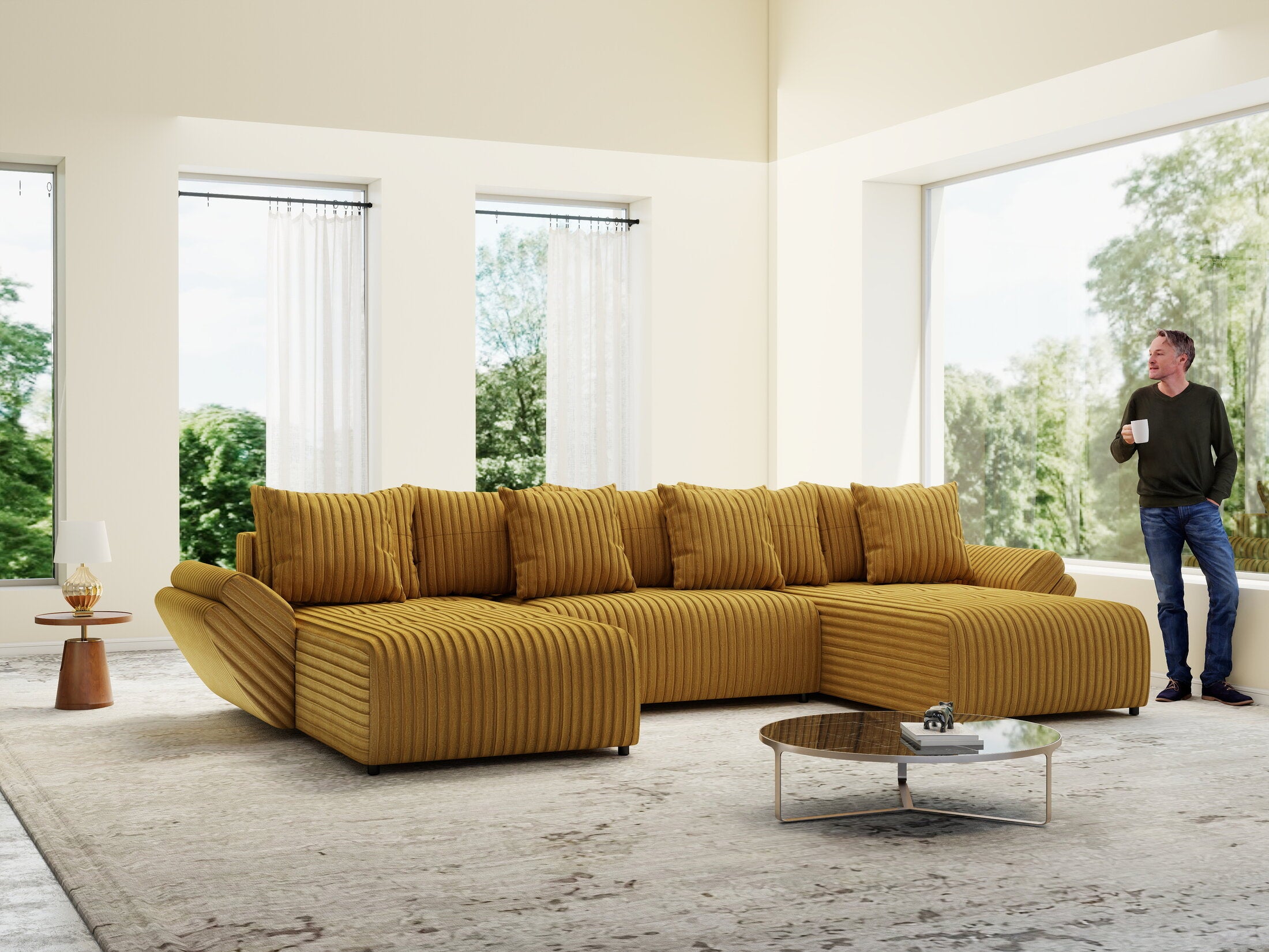 Colțar extensibil dumonde cu ladă de depozitare Berlin U Ambiance Mustar 400x185 cm