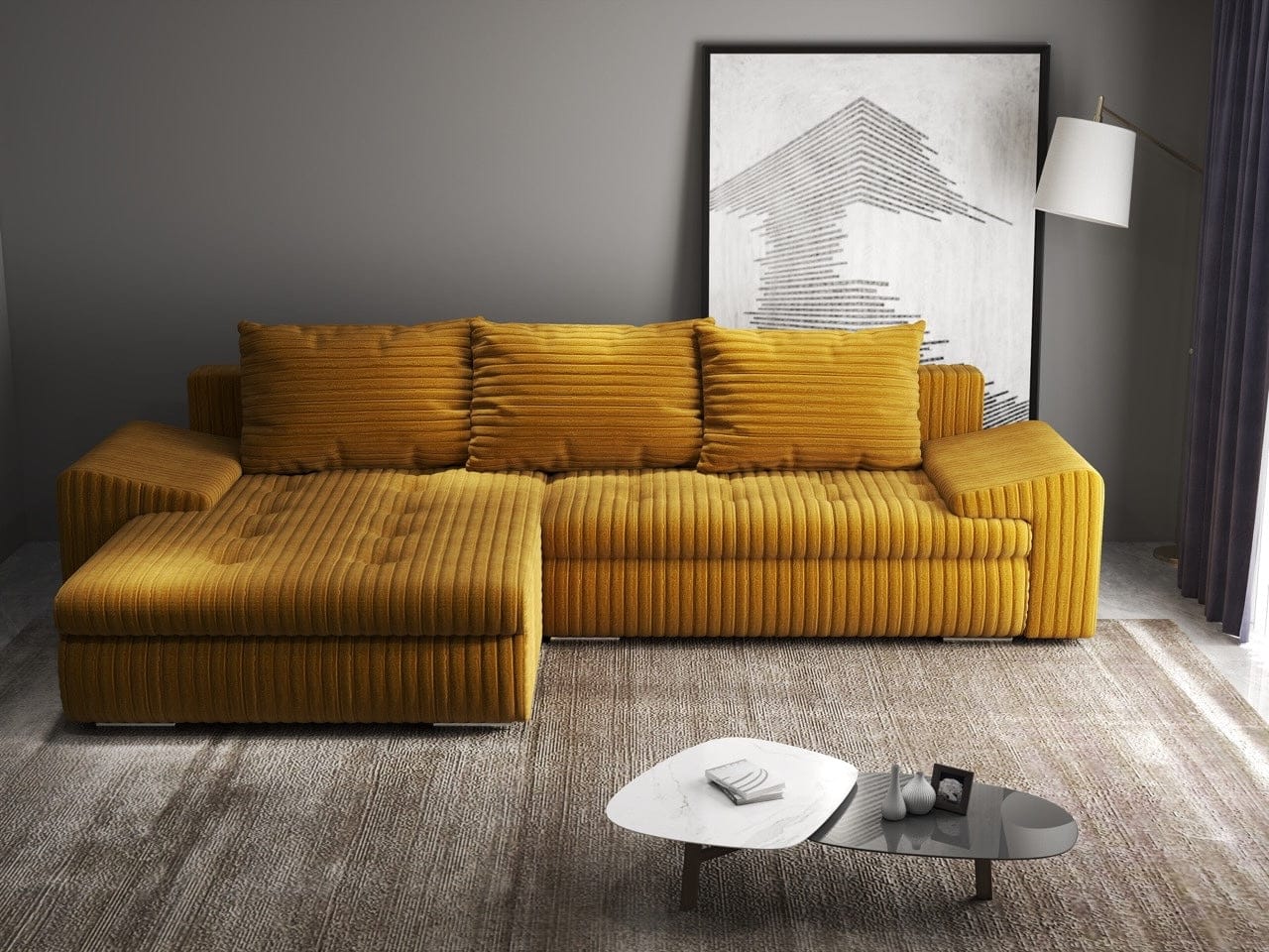 Colțar extensibil dumonde cu ladă de depozitare si sezut confortabil din spuma HR, Leonardo Ambience Mustar 260x185 cm Fabrica