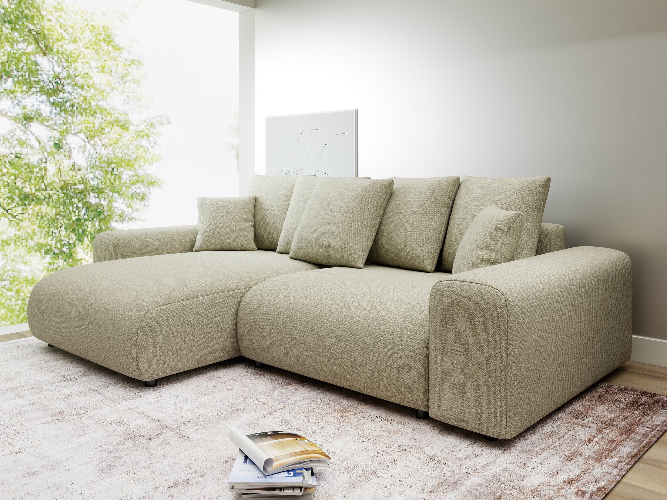 Colțar extensibil dumonde cu ladă de depozitare și șezut confortabil din spumă HR, Luma Enjoy Bej 255x168 cm