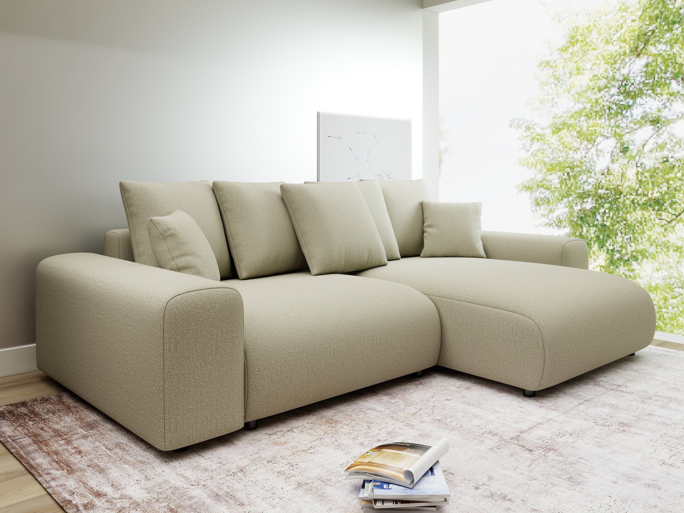 Colțar extensibil dumonde cu ladă de depozitare și șezut confortabil din spumă HR, Luma Enjoy Bej 255x168 cm II