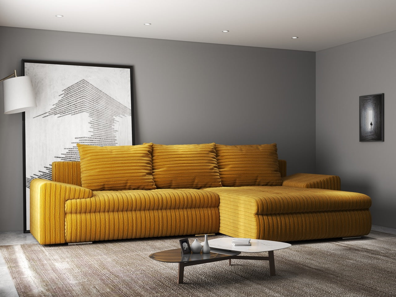 Colțar extensibil dumonde cu ladă de depozitare si sezut confortabil din spuma HR, Leonardo Ambience Mustar 260x185 cm II Fabrica