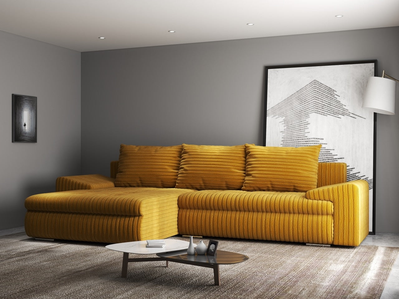 Colțar extensibil dumonde cu ladă de depozitare si sezut confortabil din spuma HR, Leonardo Ambience Mustar 260x185 cm Fabrica