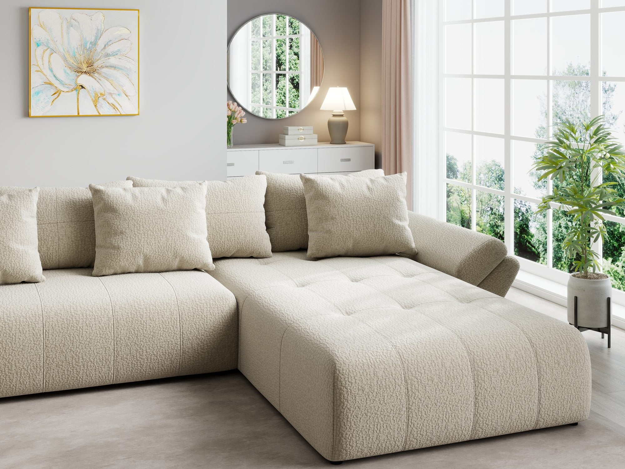 Colțar extensibil dumonde cu ladă de depozitare si sezut confortabil din spuma high-density, Berlin U Jaguar Bej 4 380x180 cm