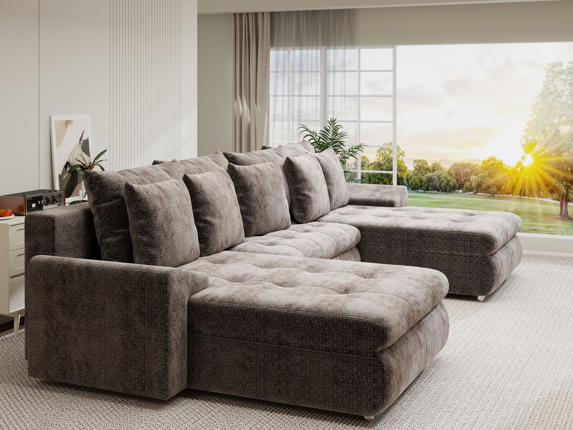 Colțar extensibil dumonde cu ladă de depozitare si sezut confortabil din spuma high-density, Leonardo U Cremona Maro-Bej 24 360x185 cm