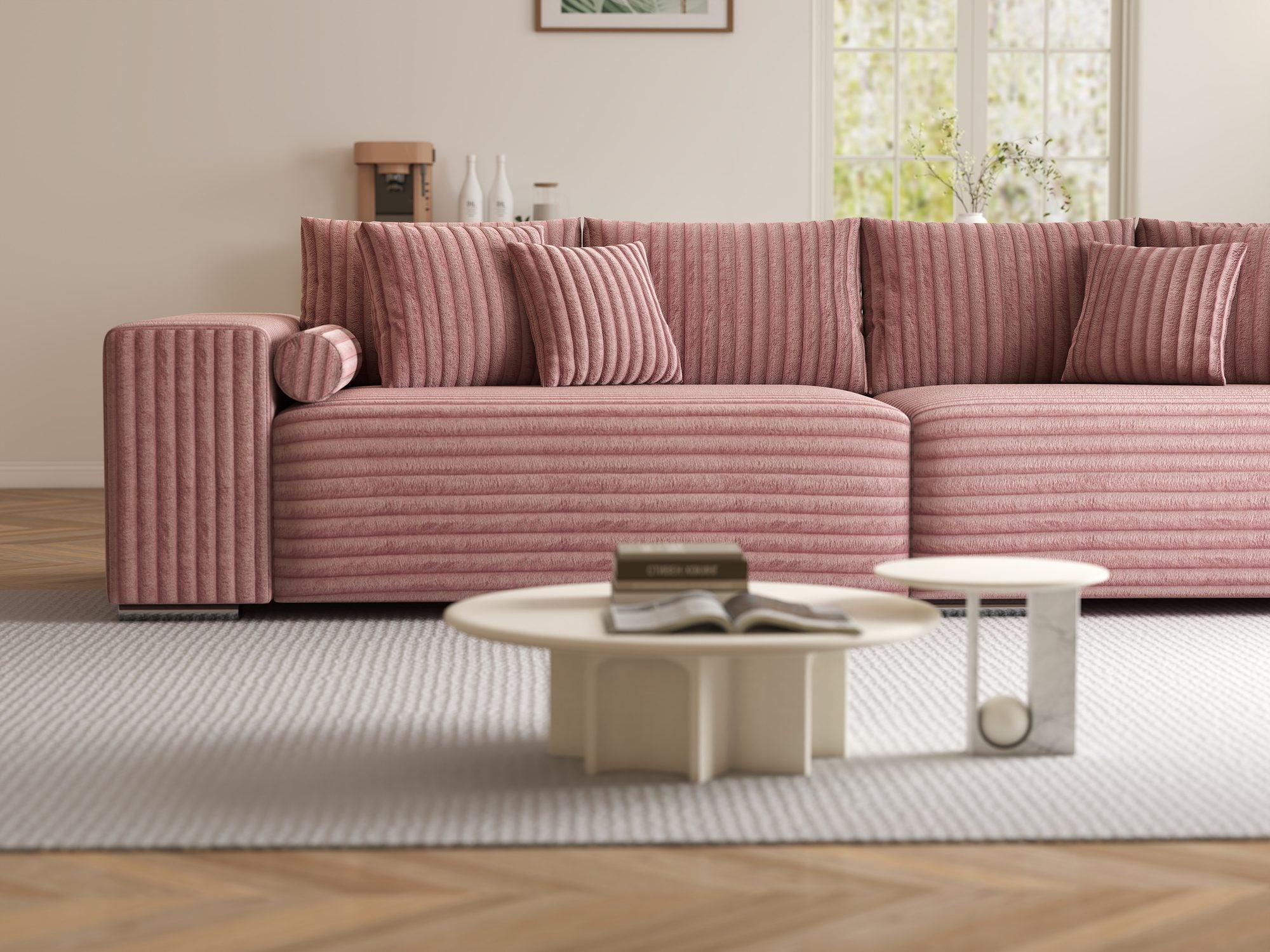 Canapea extensibilă dumonde cu ladă de depozitare si sezut confortabil din spuma high-density, Marbela XXL Tilia Roz Pudrat 62 290x100 cm