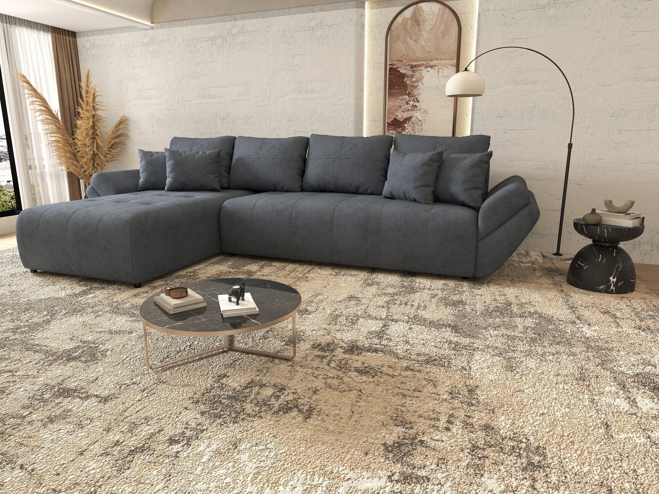 Colțar extensibil dumonde cu ladă de depozitare si sezut confortabil din spuma HR, Berlin XL Enjoy Antracit 350x185 cm