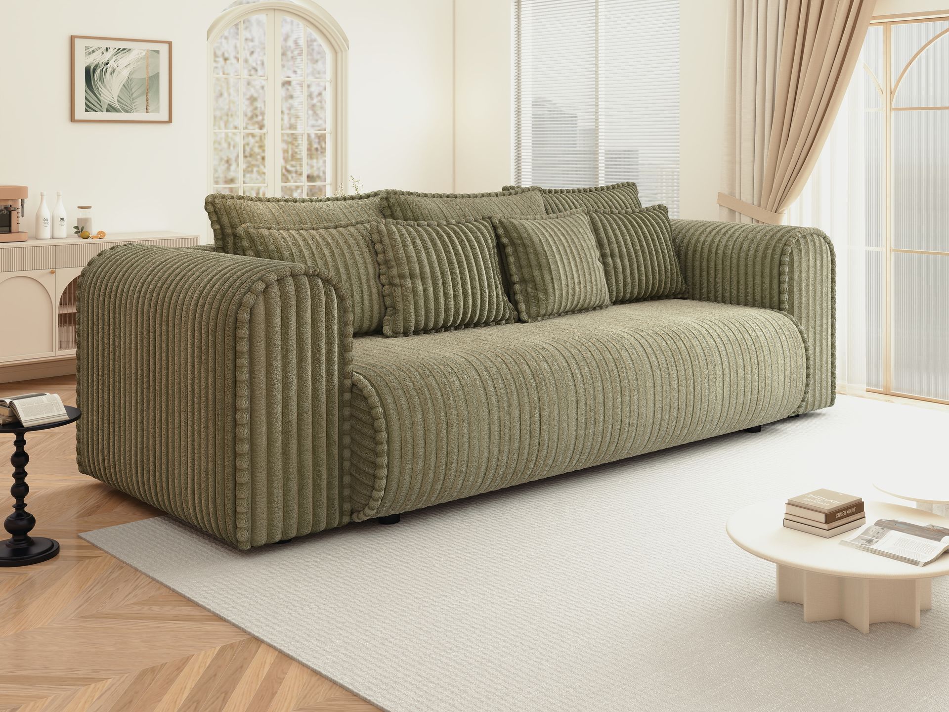 Canapea extensibilă dumonde cu ladă de depozitare si sezut confortabil din spuma high-density, Monaco Mica Tilia Olive 240x100 cm