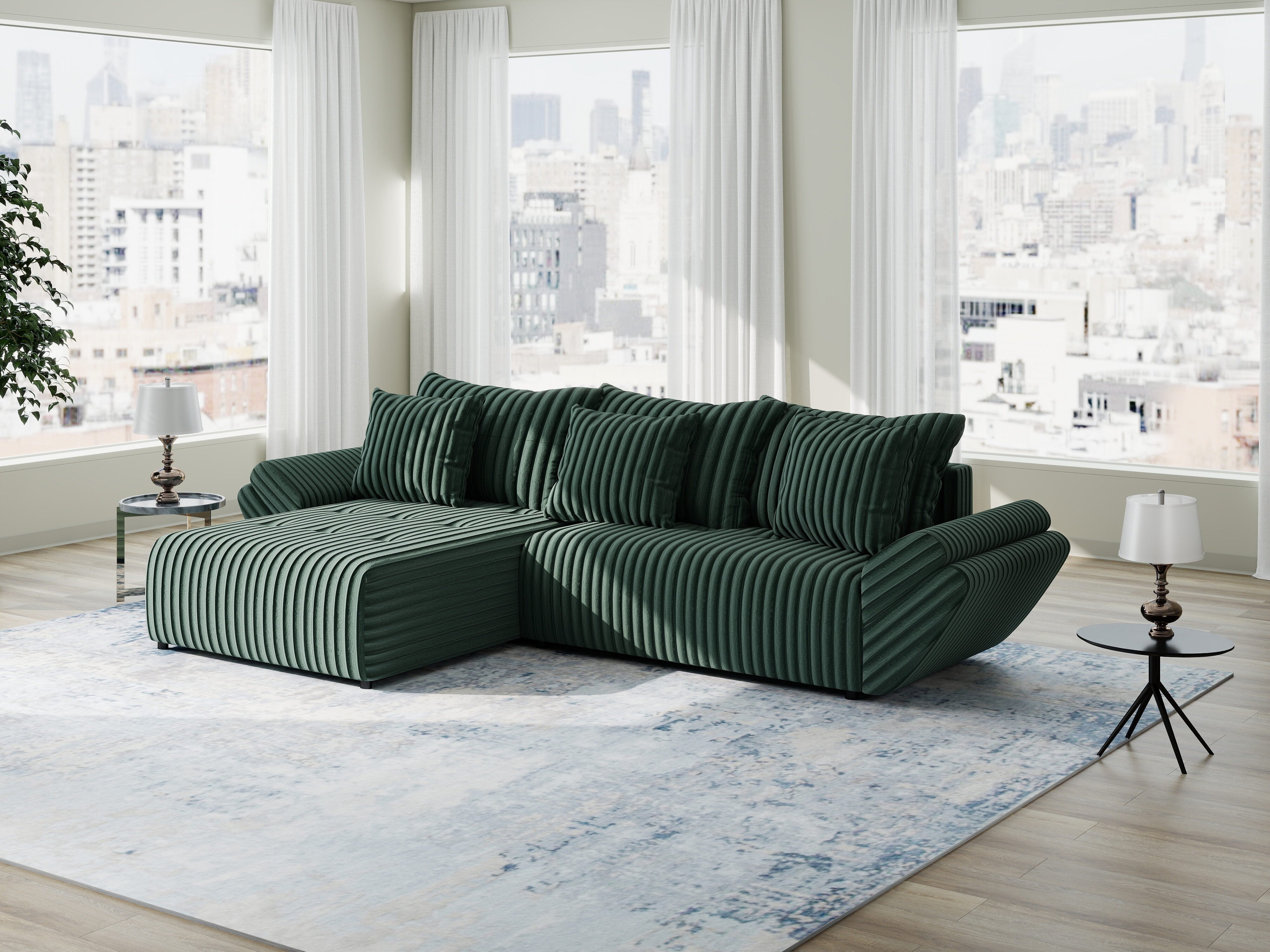 Colțar extensibil dumonde cu ladă de depozitare si sezut confortabil din spuma HR, Berlin Ambience Verde 280x185 cm