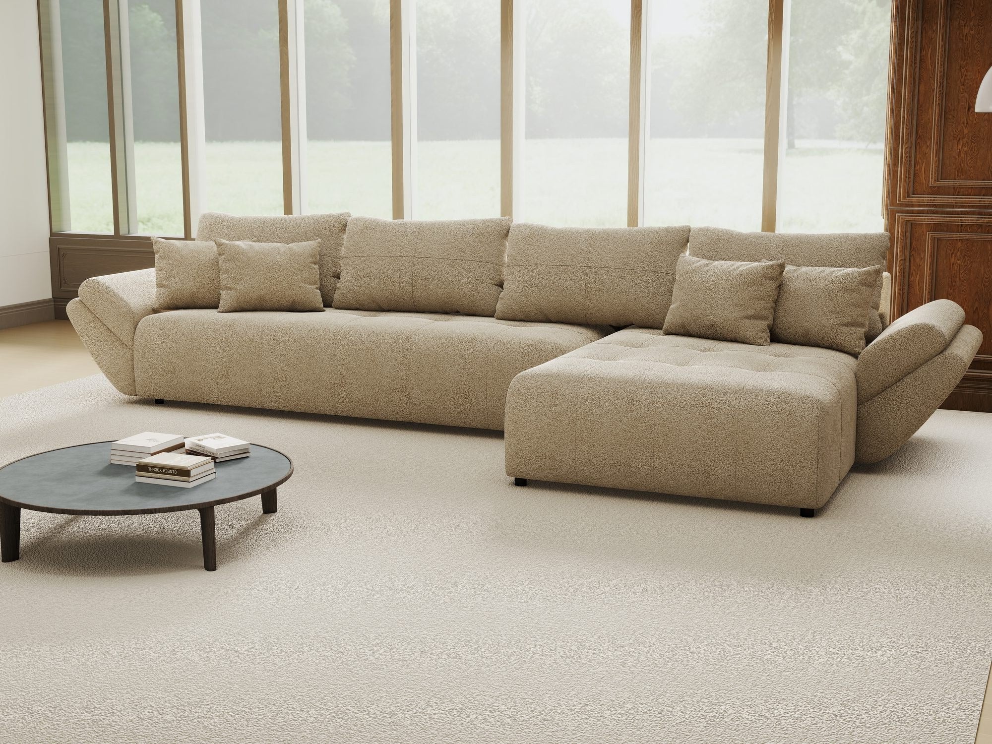 Colțar extensibil dumonde cu ladă de depozitare si sezut confortabil din spuma high-density, Berlin XL Quelle Bej 05 II 350x185 cm