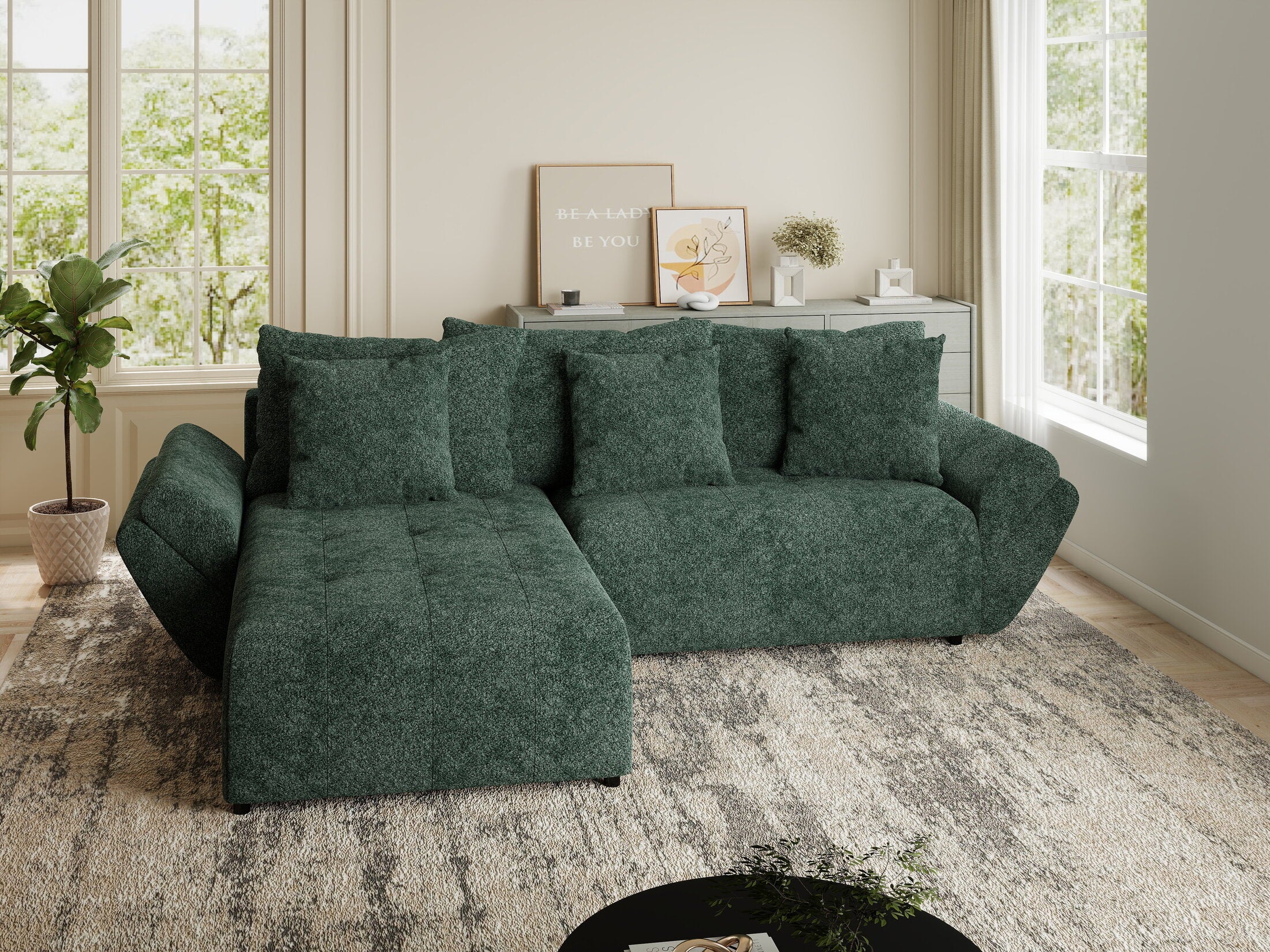 Colțar extensibil dumonde cu ladă de depozitare si sezut confortabil din spuma HR, Berlin Euphoria Verde 280x185 cm