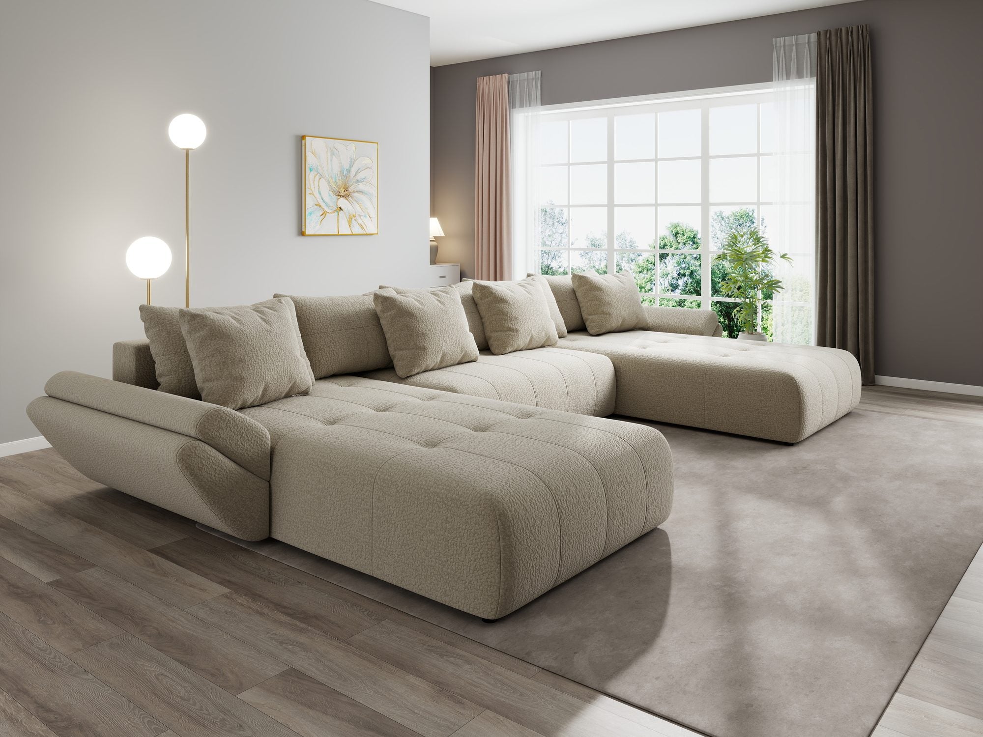 Colțar extensibil dumonde cu ladă de depozitare si sezut confortabil din spuma high-density, Berlin U Jaguar Bej 4 380x180 cm