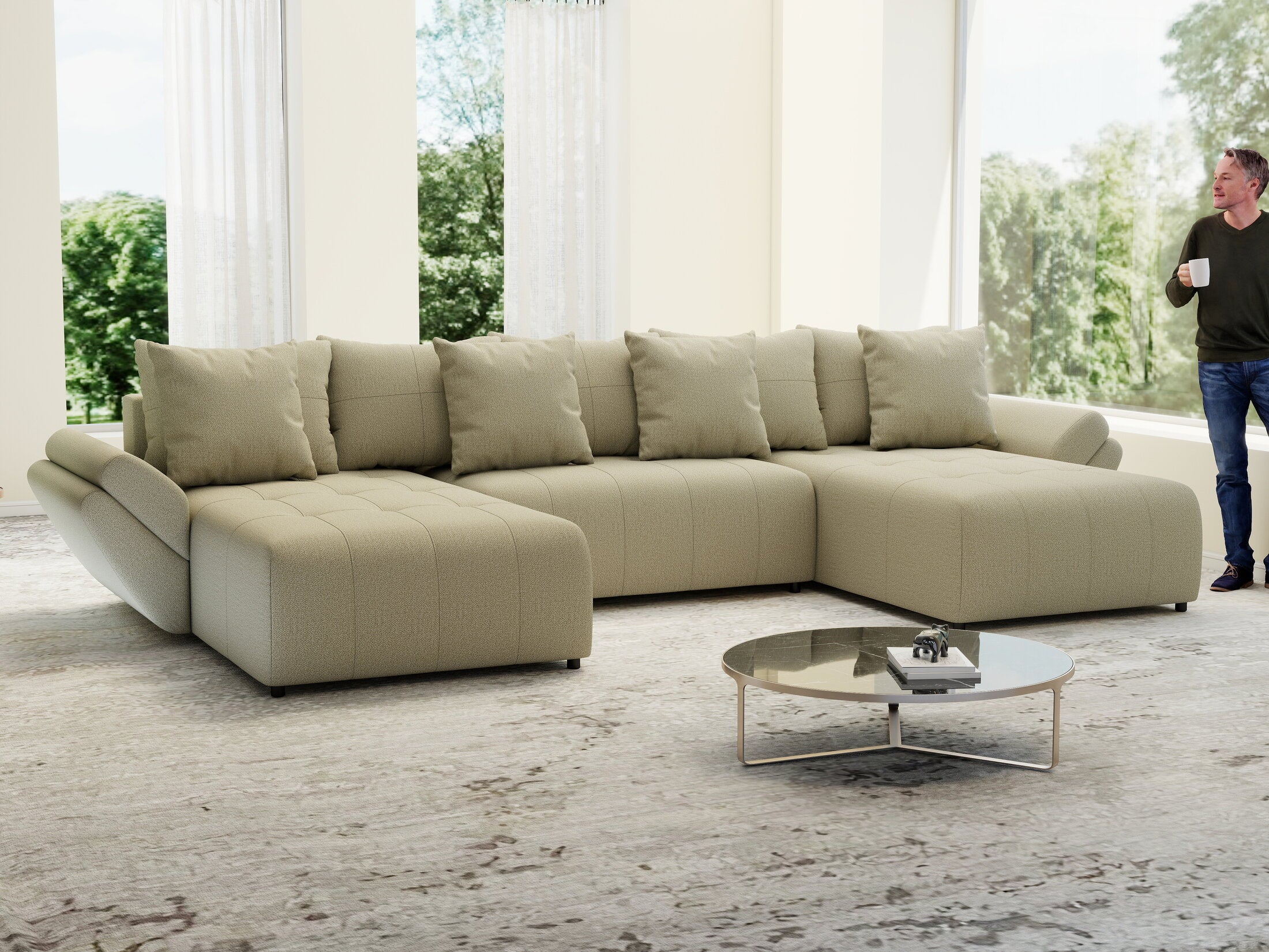 Colțar extensibil dumonde cu ladă de depozitare si sezut confortabil din spuma HR, Berlin U Enjoy Camel 380x180 cm