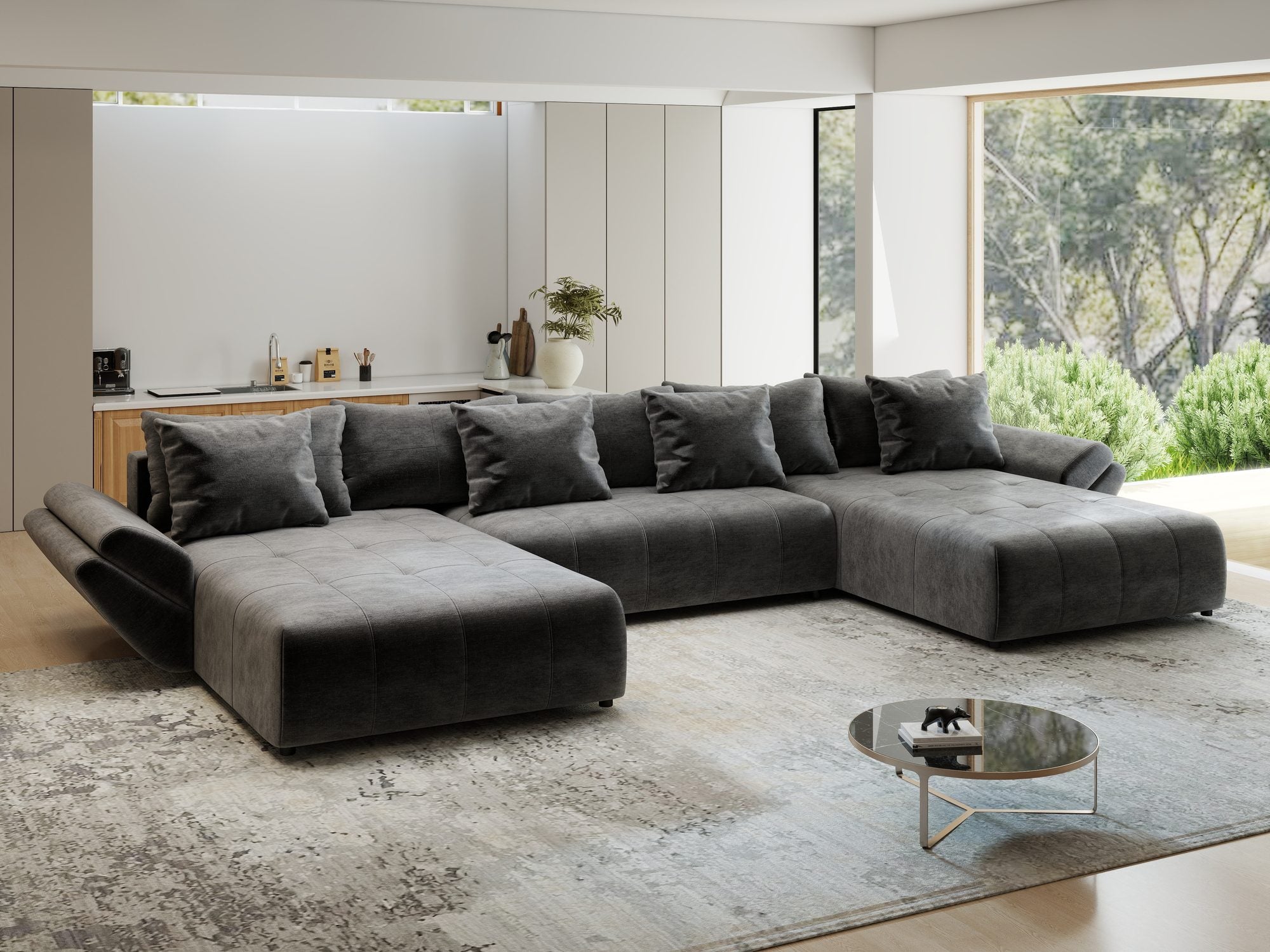 Colțar extensibil dumonde cu ladă de depozitare si sezut confortabil din spuma high-density, Berlin U Monolith Gri Antracit 97 380x180 cm