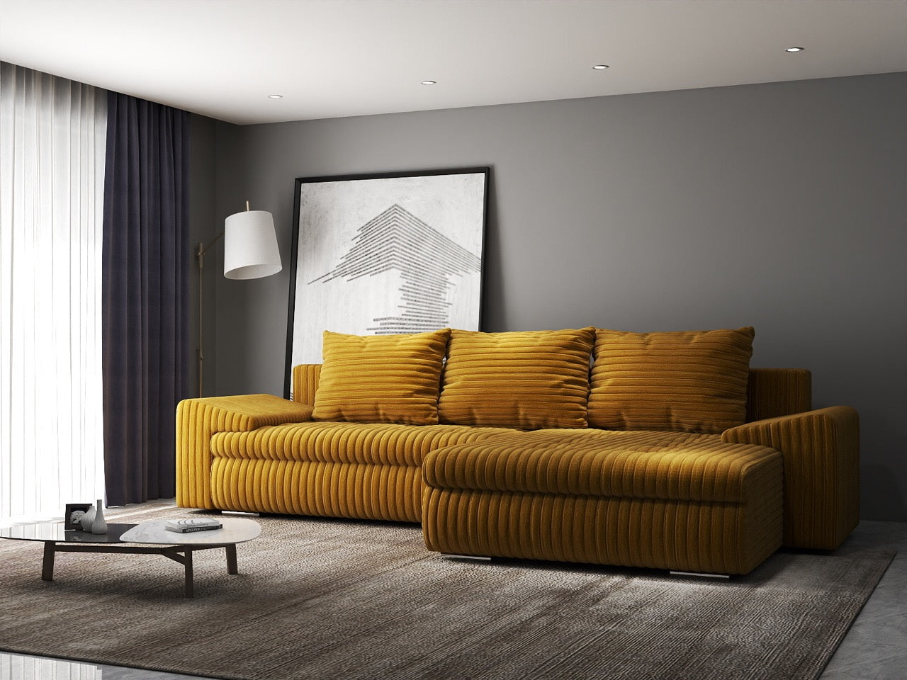 Colțar extensibil dumonde cu ladă de depozitare si sezut confortabil din spuma HR, Leonardo Ambience Mustar 260x185 cm II Fabrica