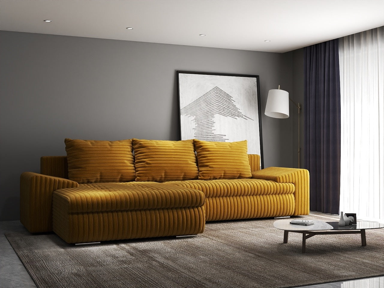 Colțar extensibil dumonde cu ladă de depozitare si sezut confortabil din spuma HR, Leonardo Ambience Mustar 260x185 cm Fabrica