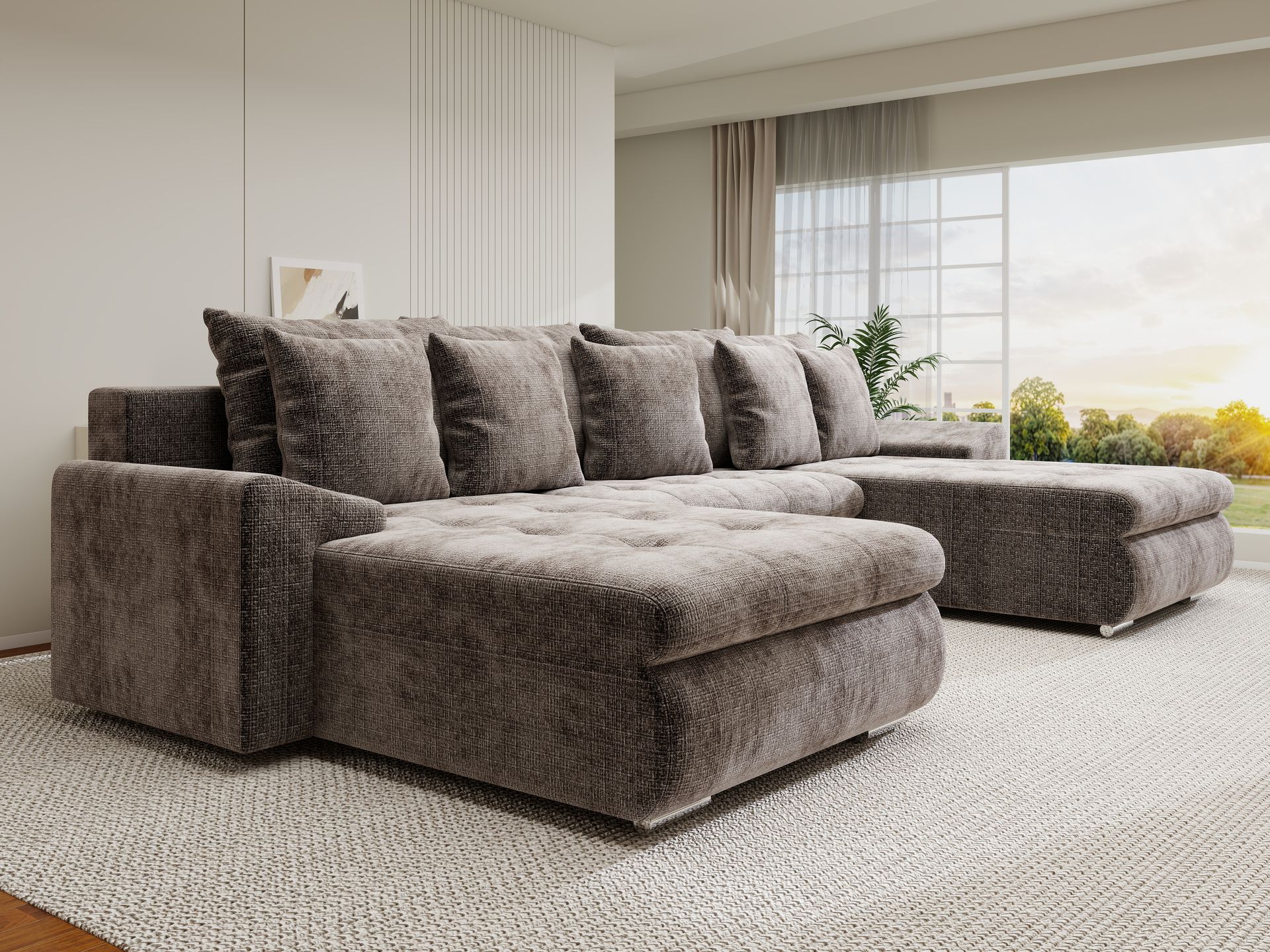 Colțar extensibil dumonde cu ladă de depozitare si sezut confortabil din spuma high-density, Leonardo U Cremona Maro-Bej 24 360x185 cm