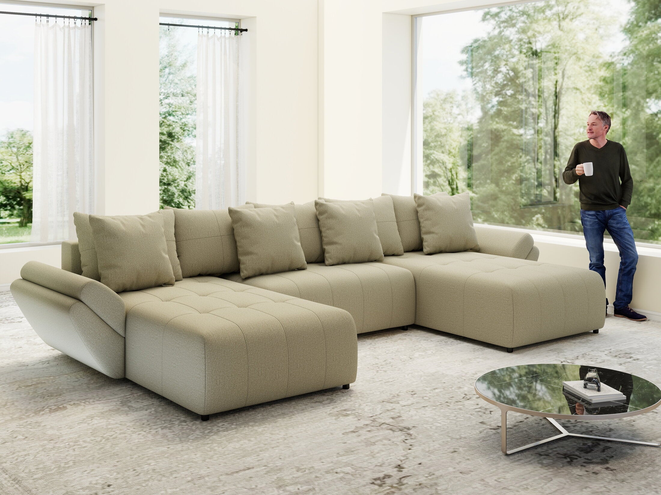 Colțar extensibil dumonde cu ladă de depozitare si sezut confortabil din spuma HR, Berlin U Enjoy Camel 380x180 cm