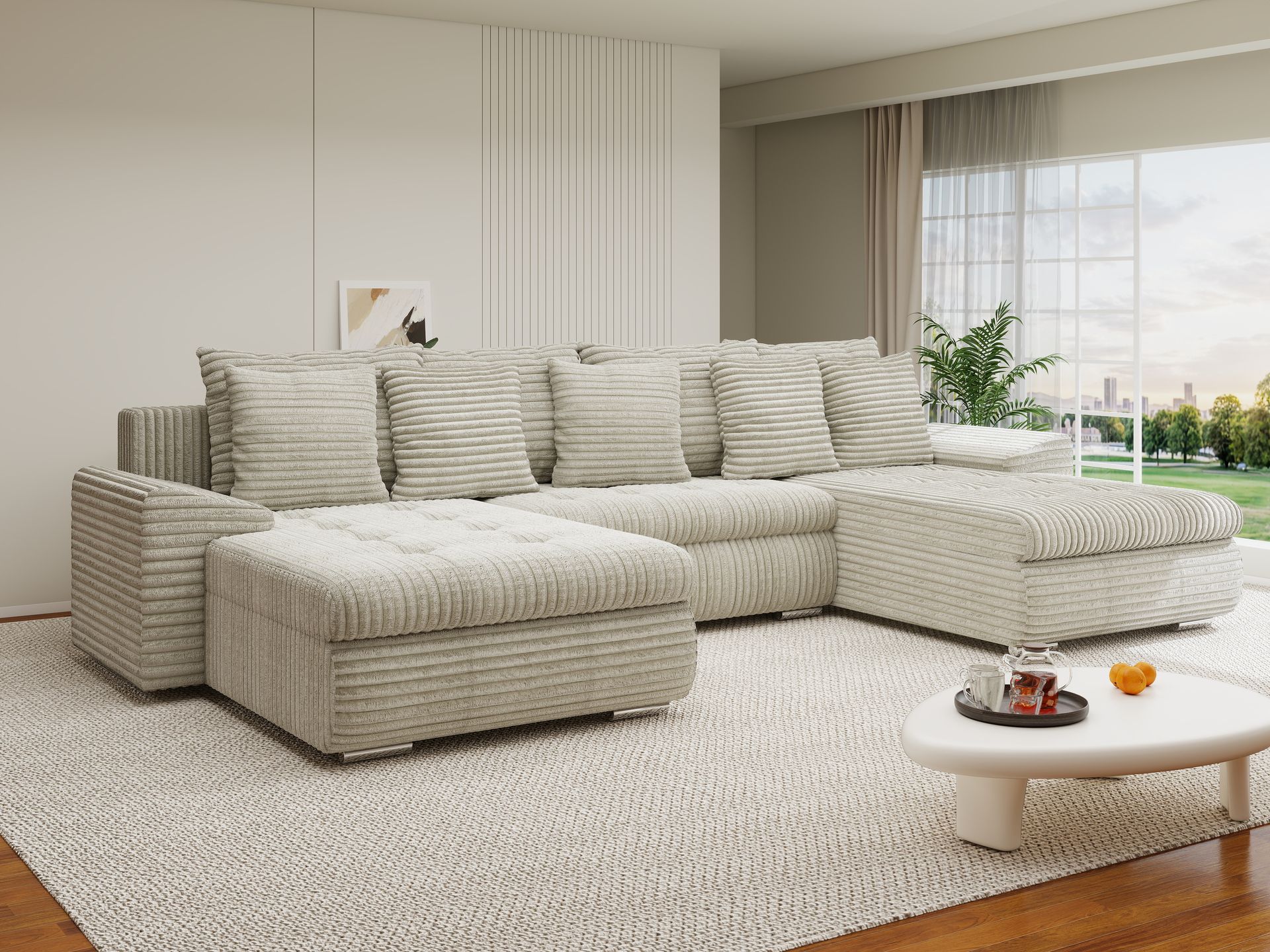 Colțar extensibil dumonde cu ladă de depozitare si sezut confortabil din spuma high-density, Leonardo U Tilia Bej 08 360x185 cm