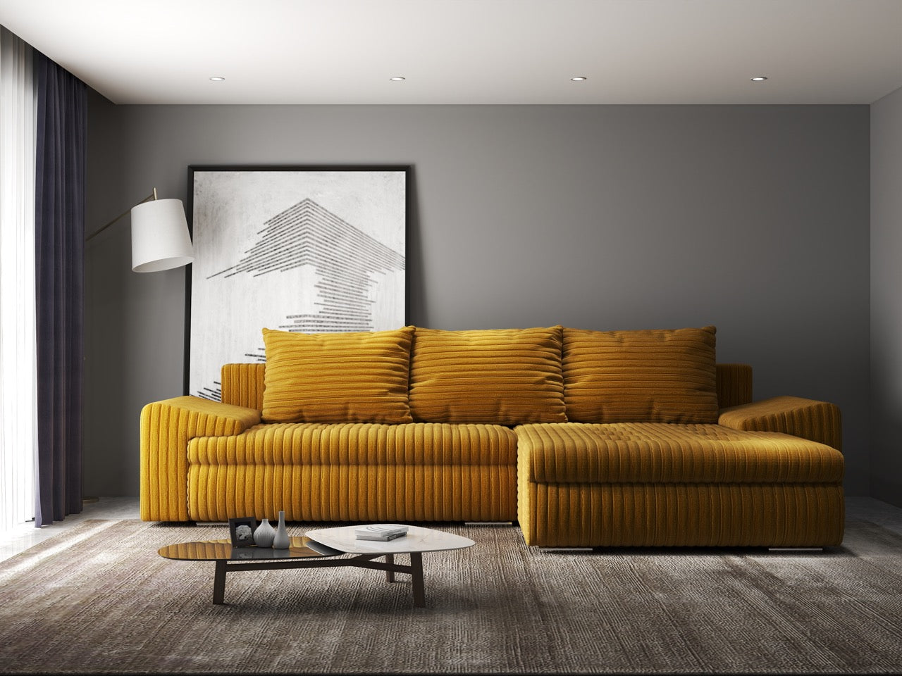 Colțar extensibil dumonde cu ladă de depozitare si sezut confortabil din spuma HR, Leonardo Ambience Mustar 260x185 cm II Fabrica