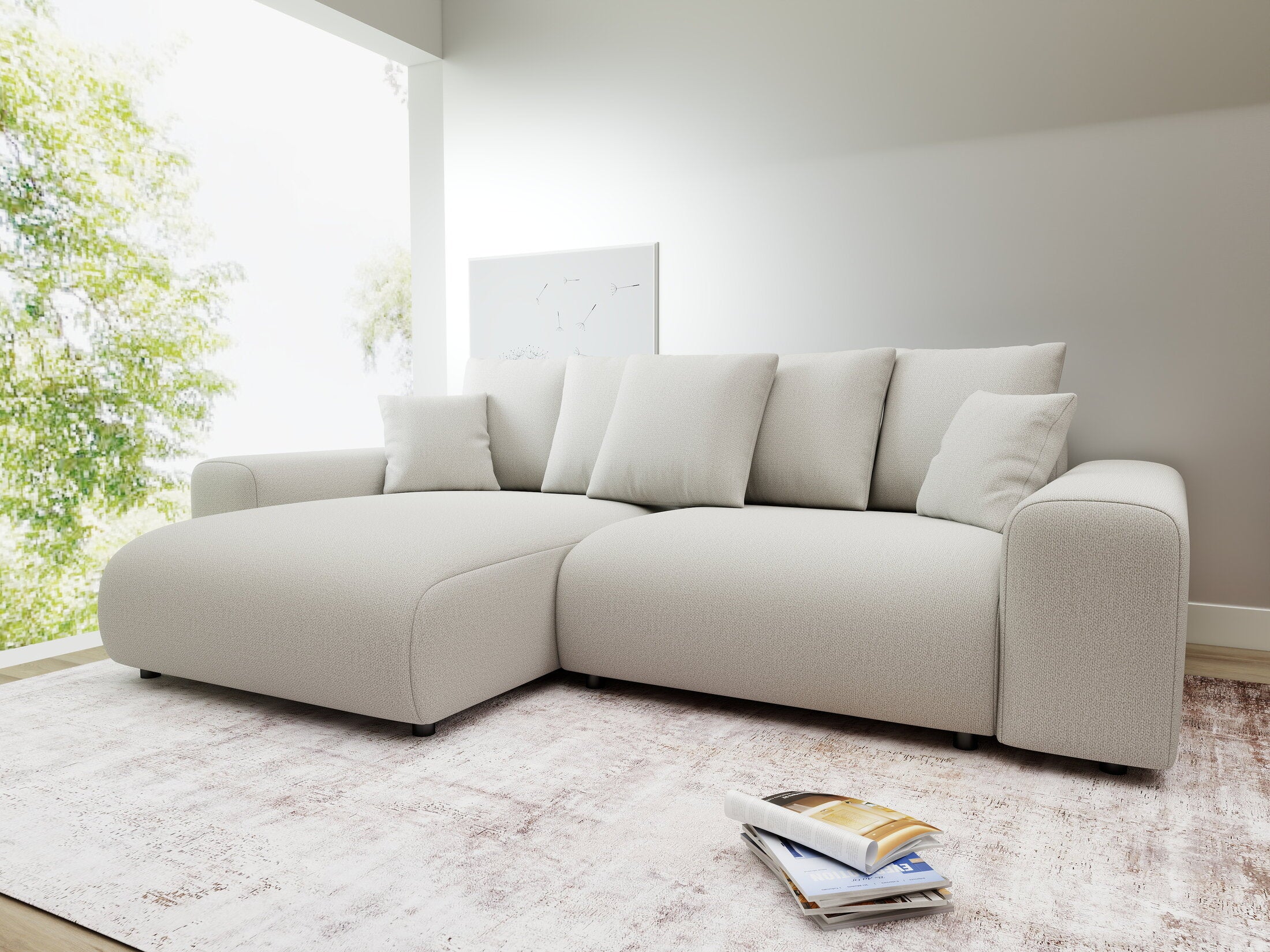 Colțar extensibil dumonde cu ladă de depozitare și șezut confortabil din spumă HR, Luma Enjoy Bej 255x168 cm