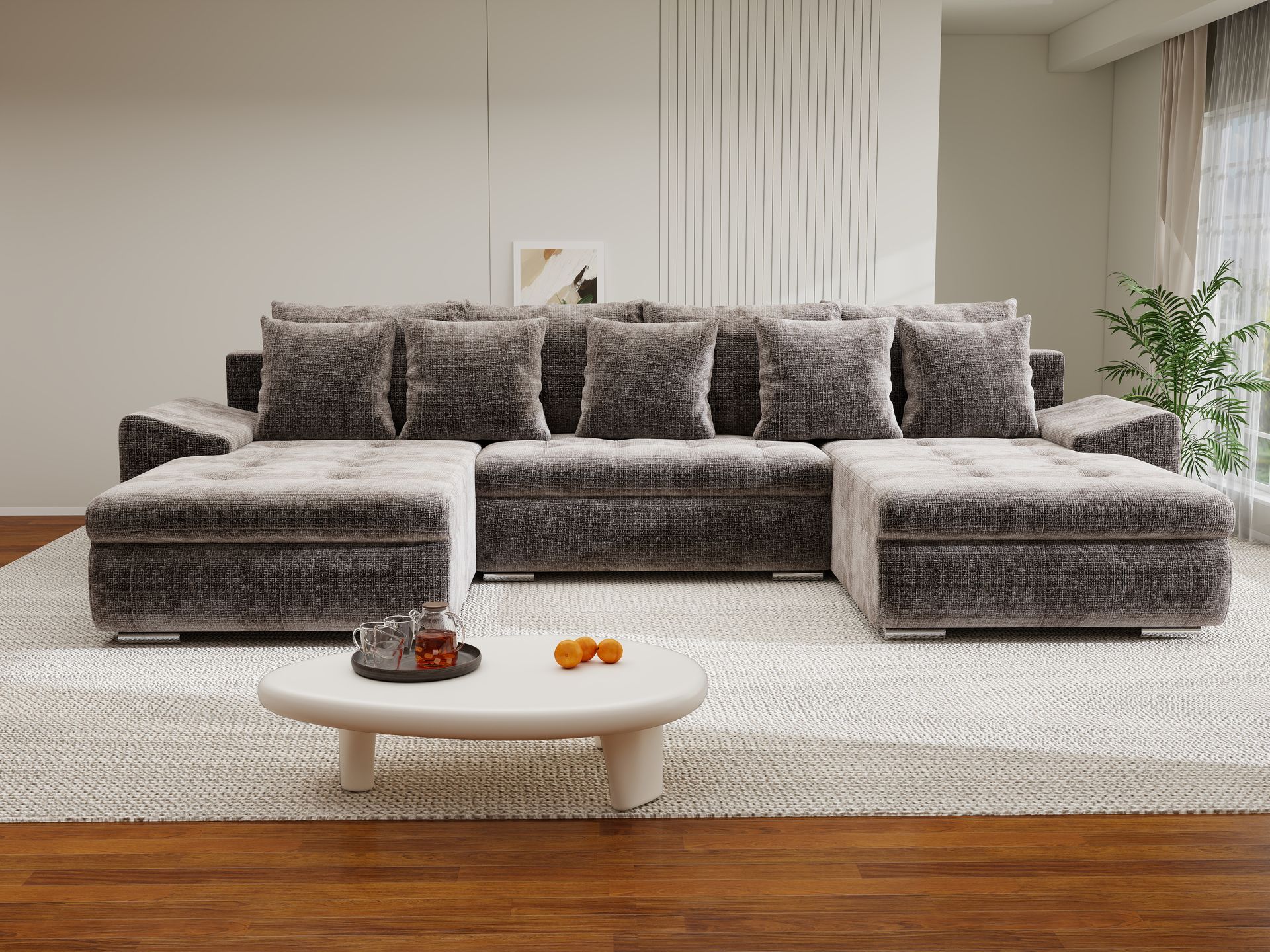 Colțar extensibil dumonde cu ladă de depozitare si sezut confortabil din spuma high-density, Leonardo U Cremona Maro-Bej 24 360x185 cm