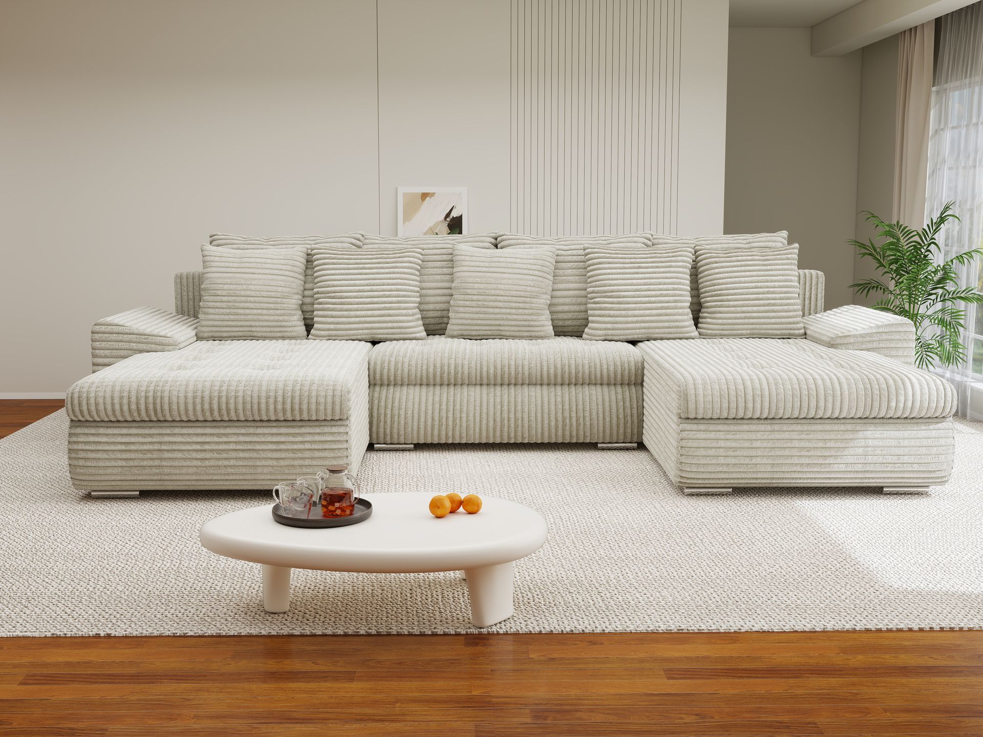 Colțar extensibil dumonde cu ladă de depozitare si sezut confortabil din spuma high-density, Leonardo U Tilia Bej 08 360x185 cm