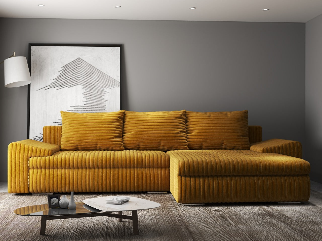 Colțar extensibil dumonde cu ladă de depozitare si sezut confortabil din spuma HR, Leonardo Ambience Mustar 260x185 cm II Fabrica