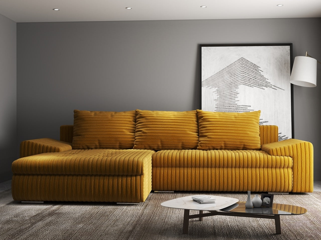 Colțar extensibil dumonde cu ladă de depozitare si sezut confortabil din spuma HR, Leonardo Ambience Mustar 260x185 cm Fabrica