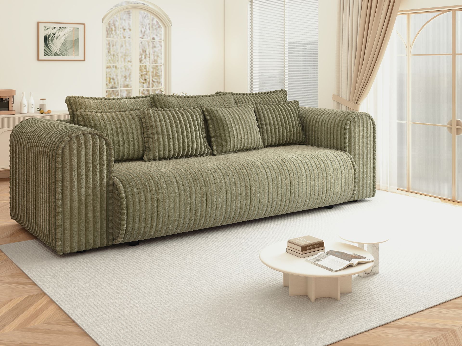 Canapea extensibilă dumonde cu ladă de depozitare si sezut confortabil din spuma high-density, Monaco Mica Tilia Olive 240x100 cm