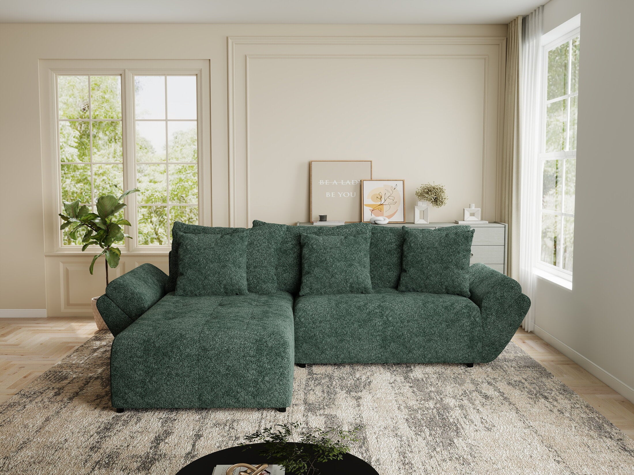 Colțar extensibil dumonde cu ladă de depozitare si sezut confortabil din spuma HR, Berlin Euphoria Verde 280x185 cm