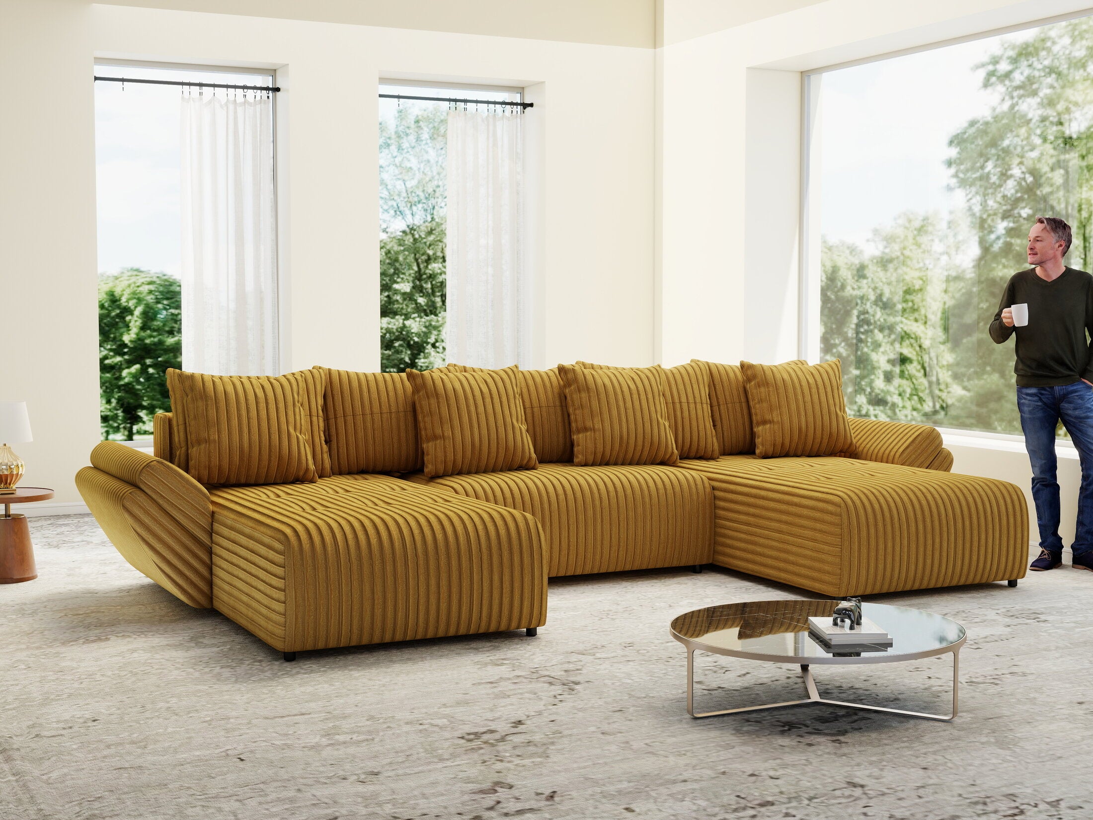 Colțar extensibil dumonde cu ladă de depozitare Berlin U Ambiance Mustar 400x185 cm