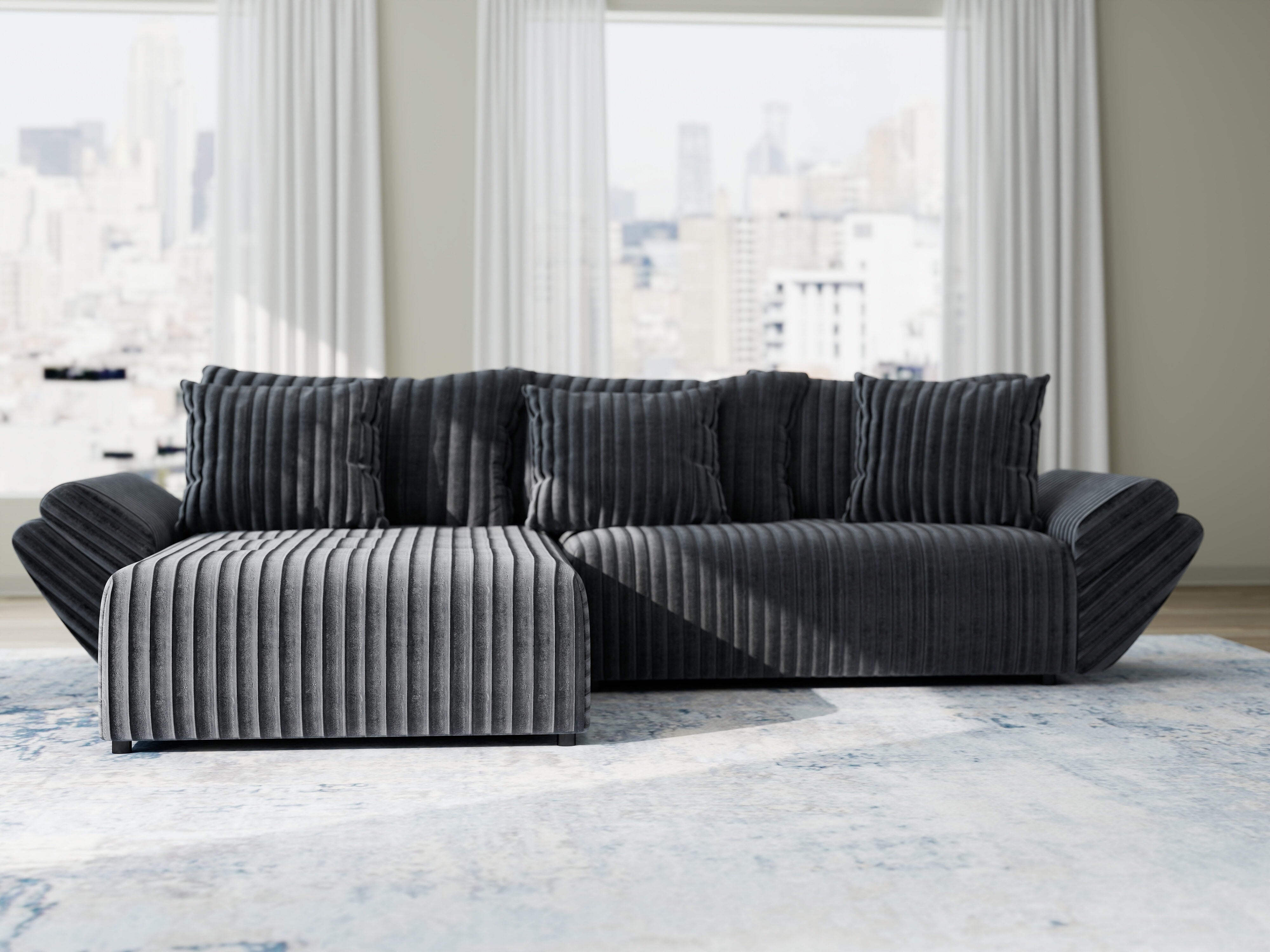 Colțar extensibil dumonde cu ladă de depozitare si sezut confortabil din spuma HR, Berlin Ambience Gri 280x185 cm