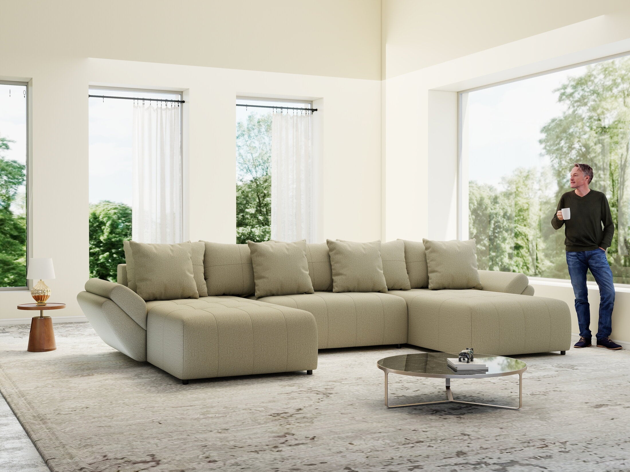 Colțar extensibil dumonde cu ladă de depozitare si sezut confortabil din spuma HR, Berlin U Enjoy Camel 380x180 cm