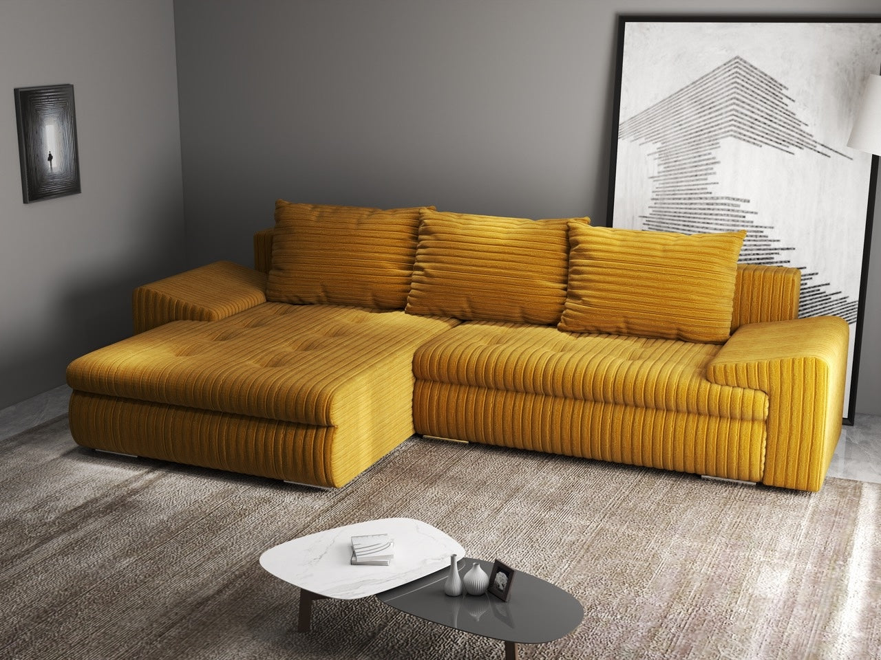 Colțar extensibil dumonde cu ladă de depozitare si sezut confortabil din spuma HR, Leonardo Ambience Mustar 260x185 cm Fabrica