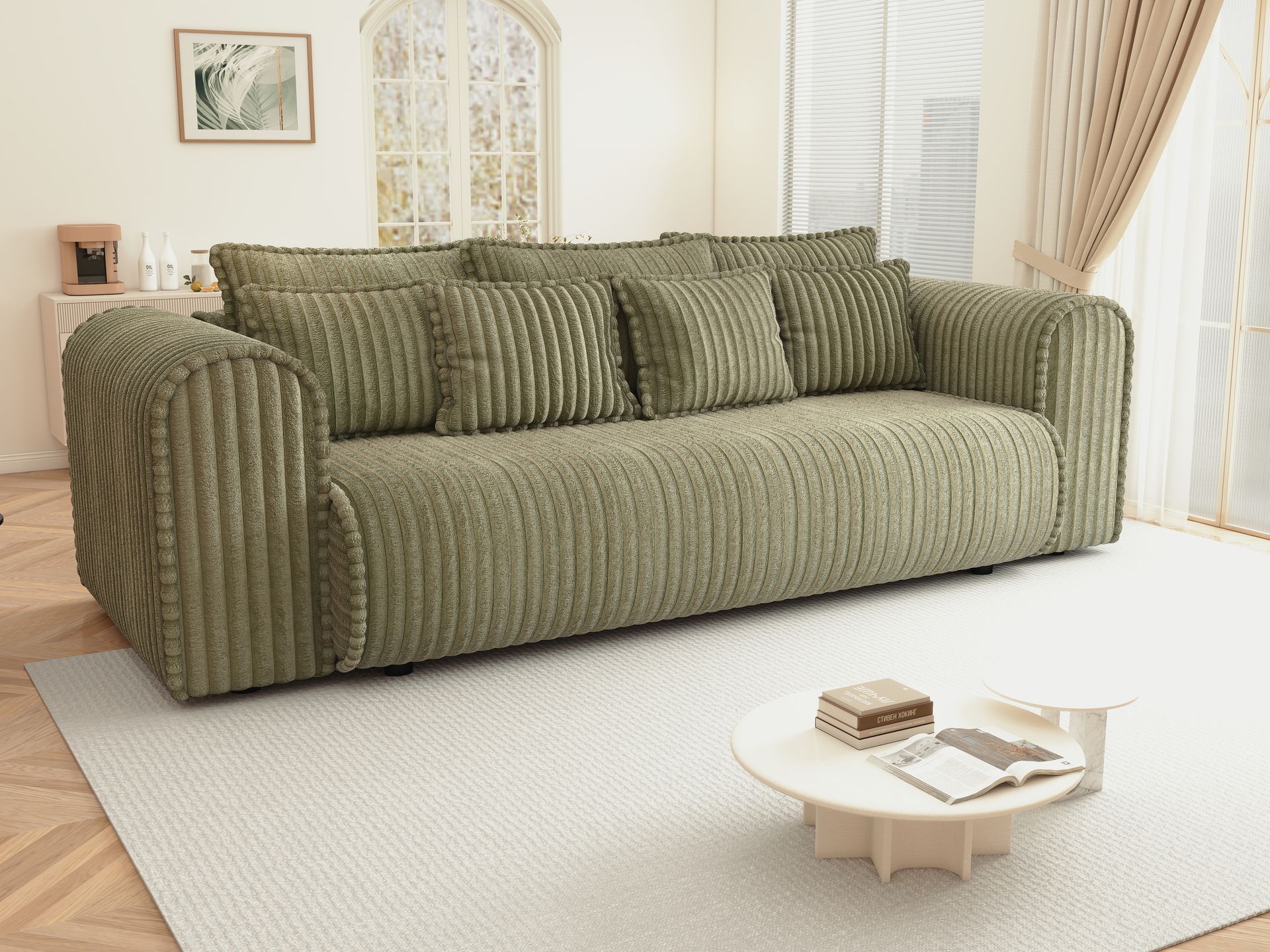 Canapea extensibilă dumonde cu ladă de depozitare si sezut confortabil din spuma high-density, Monaco Mica Tilia Olive 240x100 cm