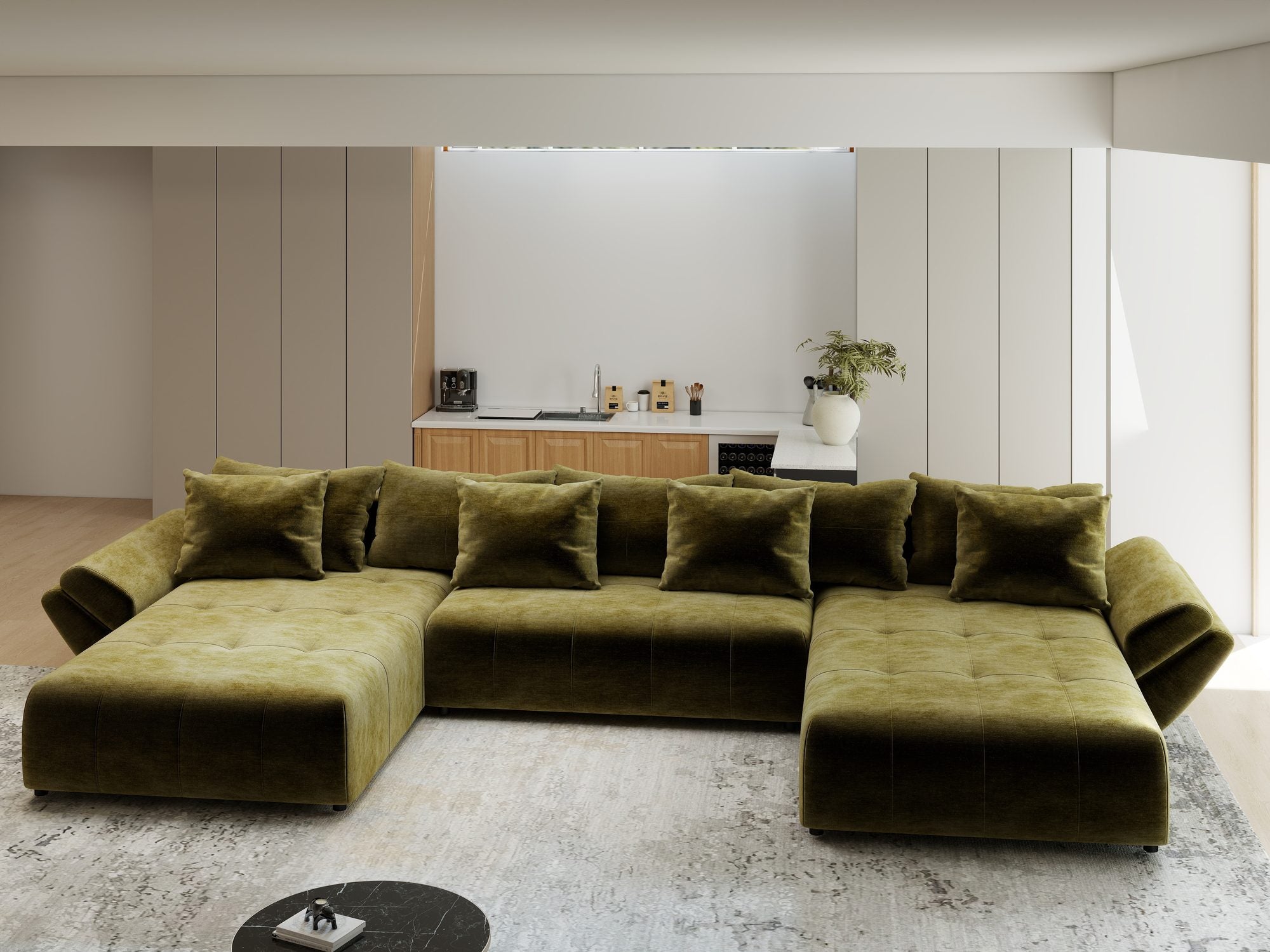 Colțar extensibil dumonde cu ladă de depozitare si sezut confortabil din spuma high-density, Berlin U Monolith Verde Olive 38 380x180 cm
